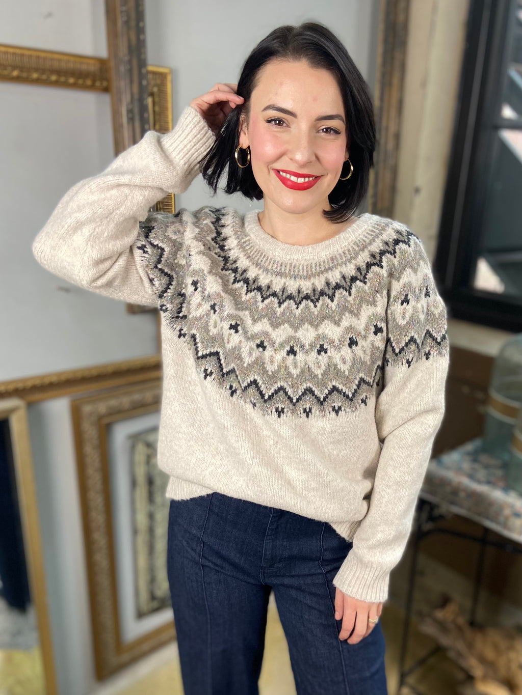 Cassie Khaki Pattern Knit Sweater