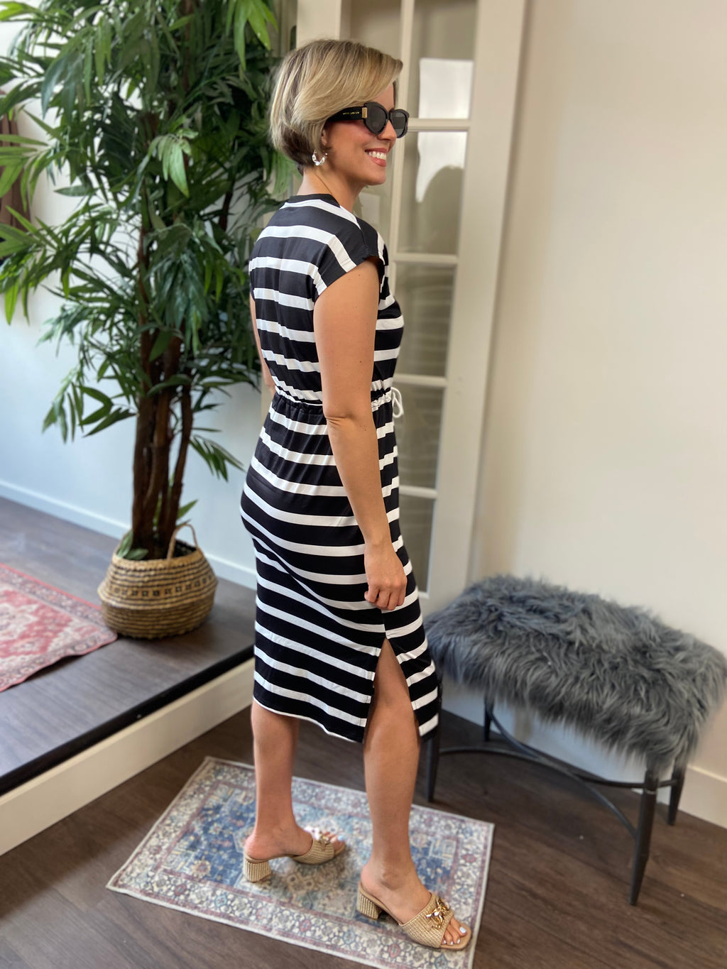 Amara Black & White Stripe Tie Waist Midi Dress