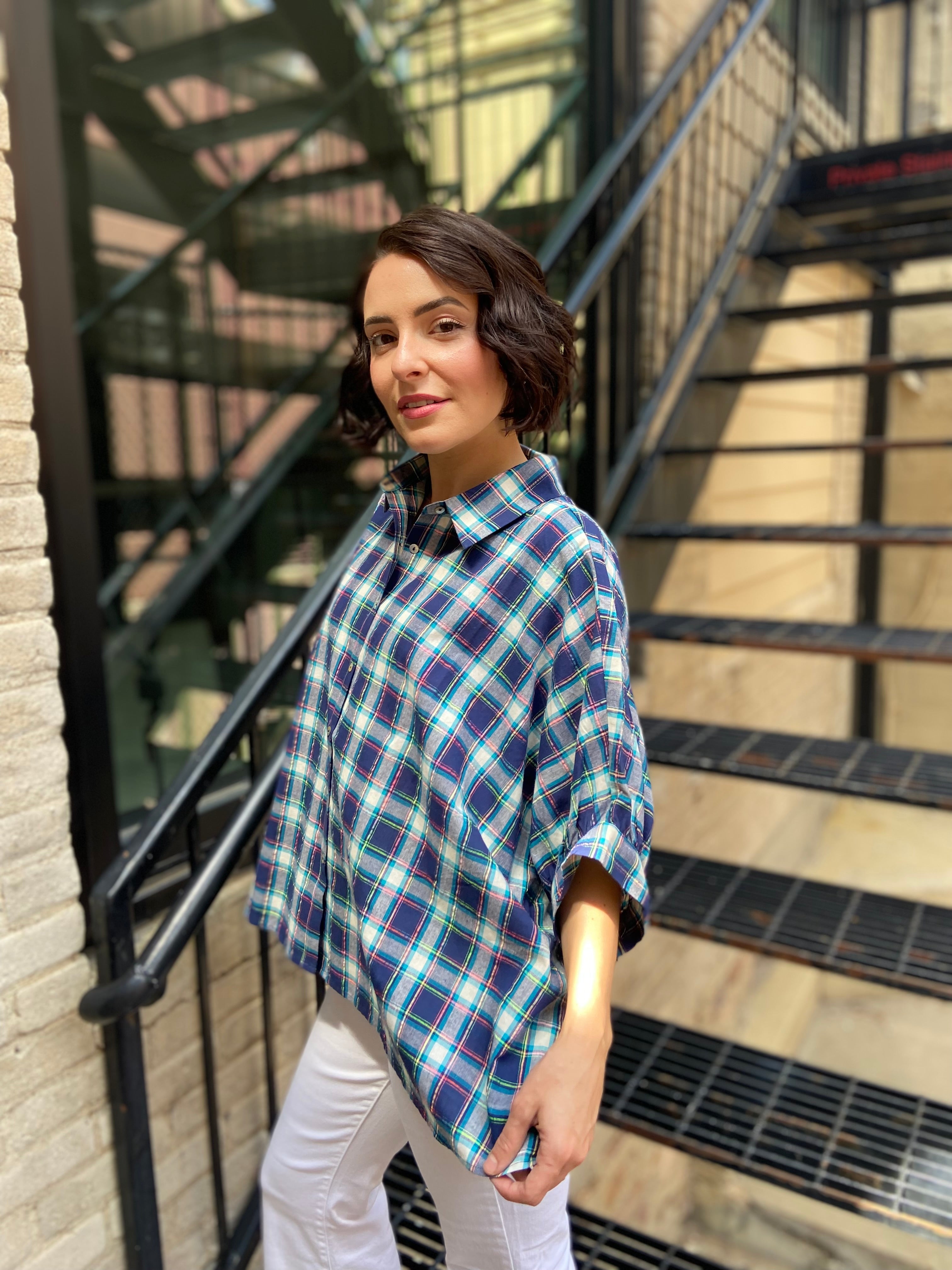 Nance Royal Blue Plaid Drop Shoulder Button Up