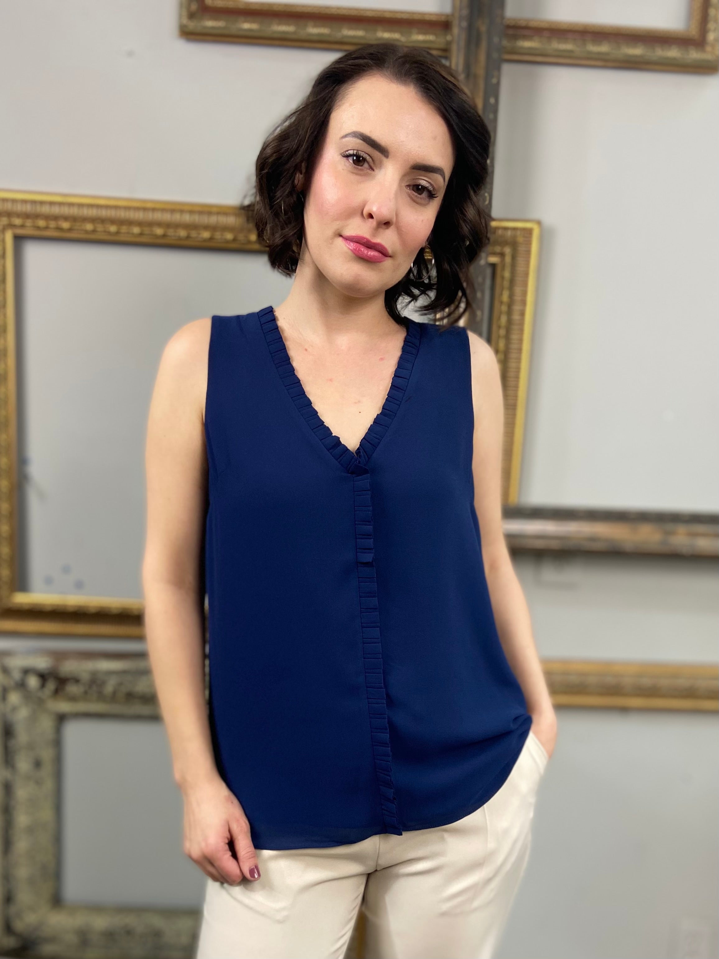 Larissa Navy Blue Pleated Ruffle V- Neck Top - MK Threads Boutique