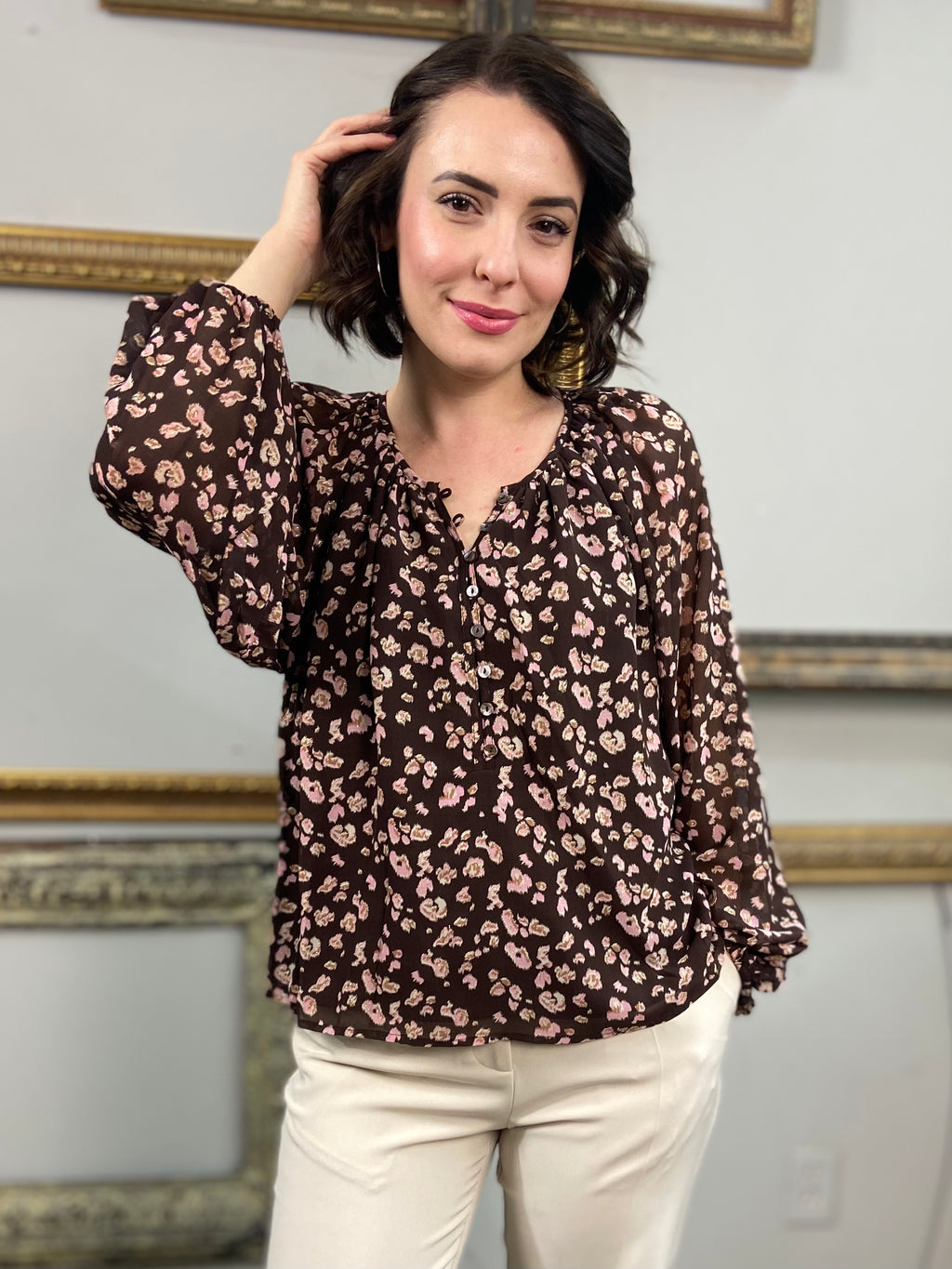 Reid Brown Floral Long Sleeve Blouse - MK Threads Boutique