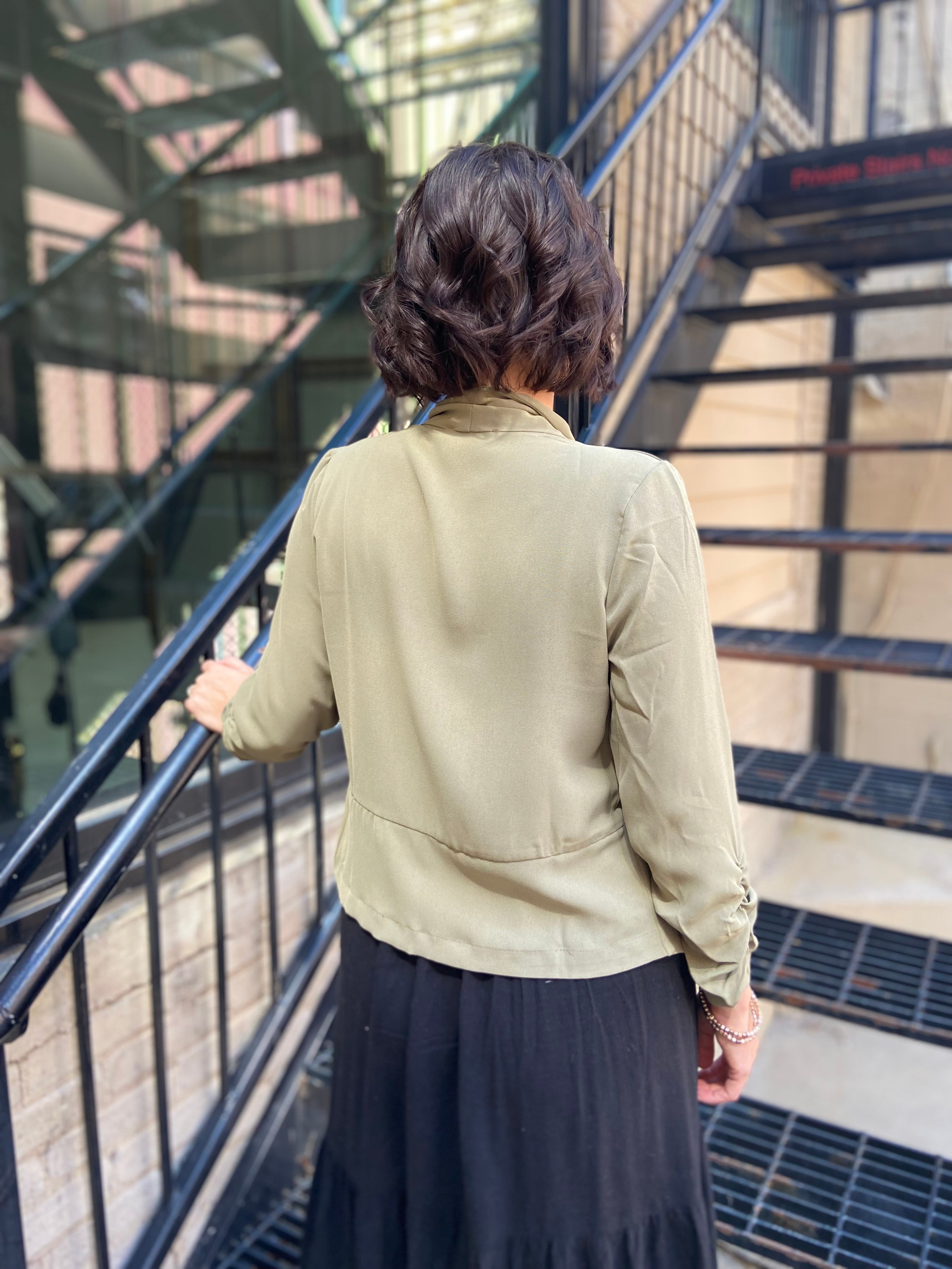 Sadi Olive Half Sleeve Open Cropped Blazer