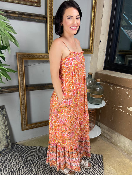 Elizabeth Tangerine Floral Maxi Dress