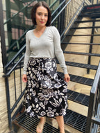 Skye Black & White Floral Satin Midi Skirt
