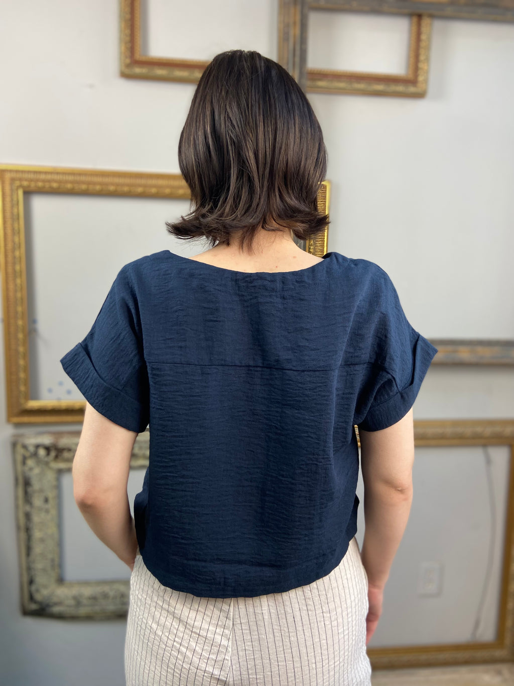 Audrey Navy Short Sleeve Linen Top