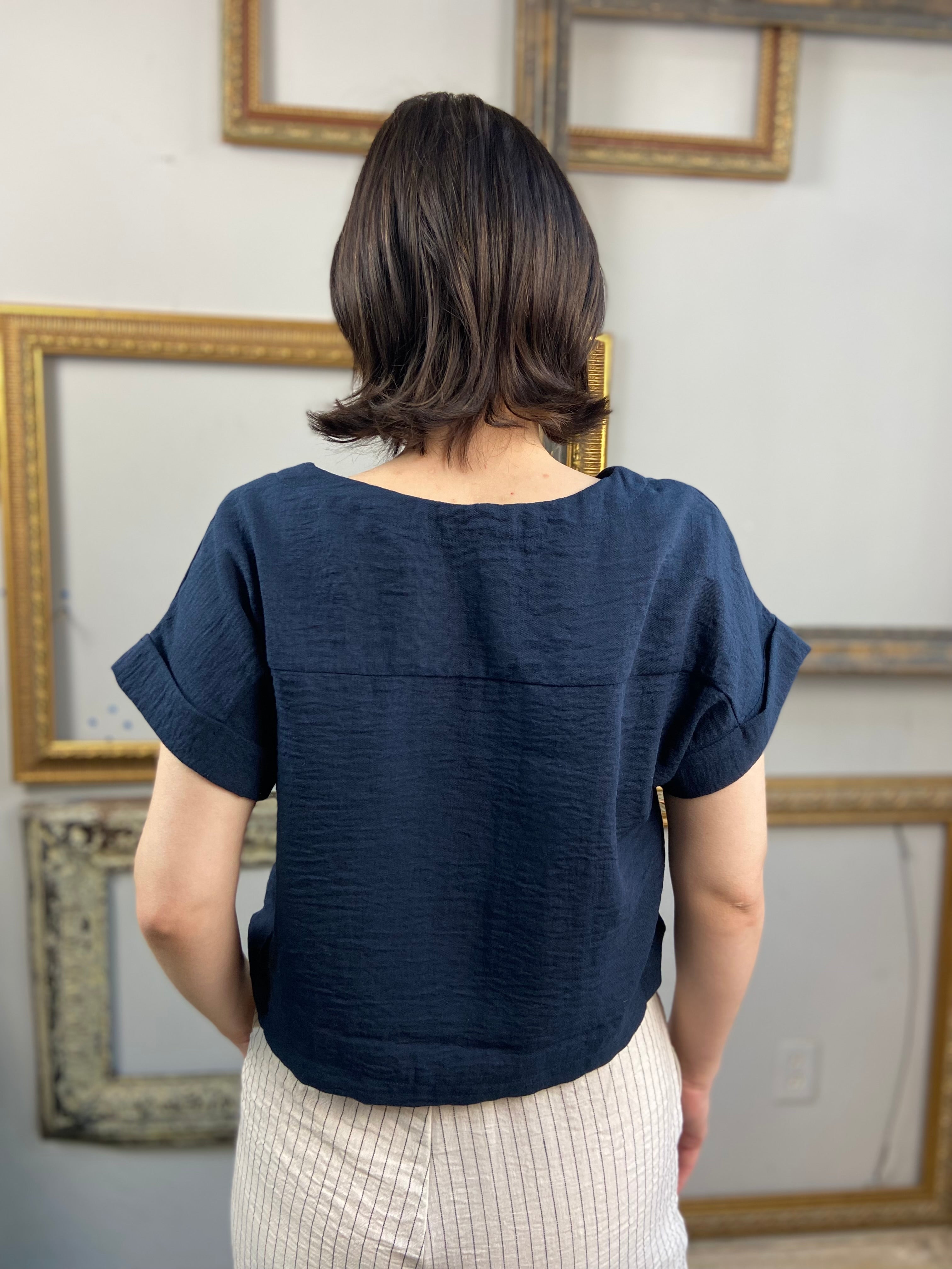 Audrey Navy Short Sleeve Linen Top
