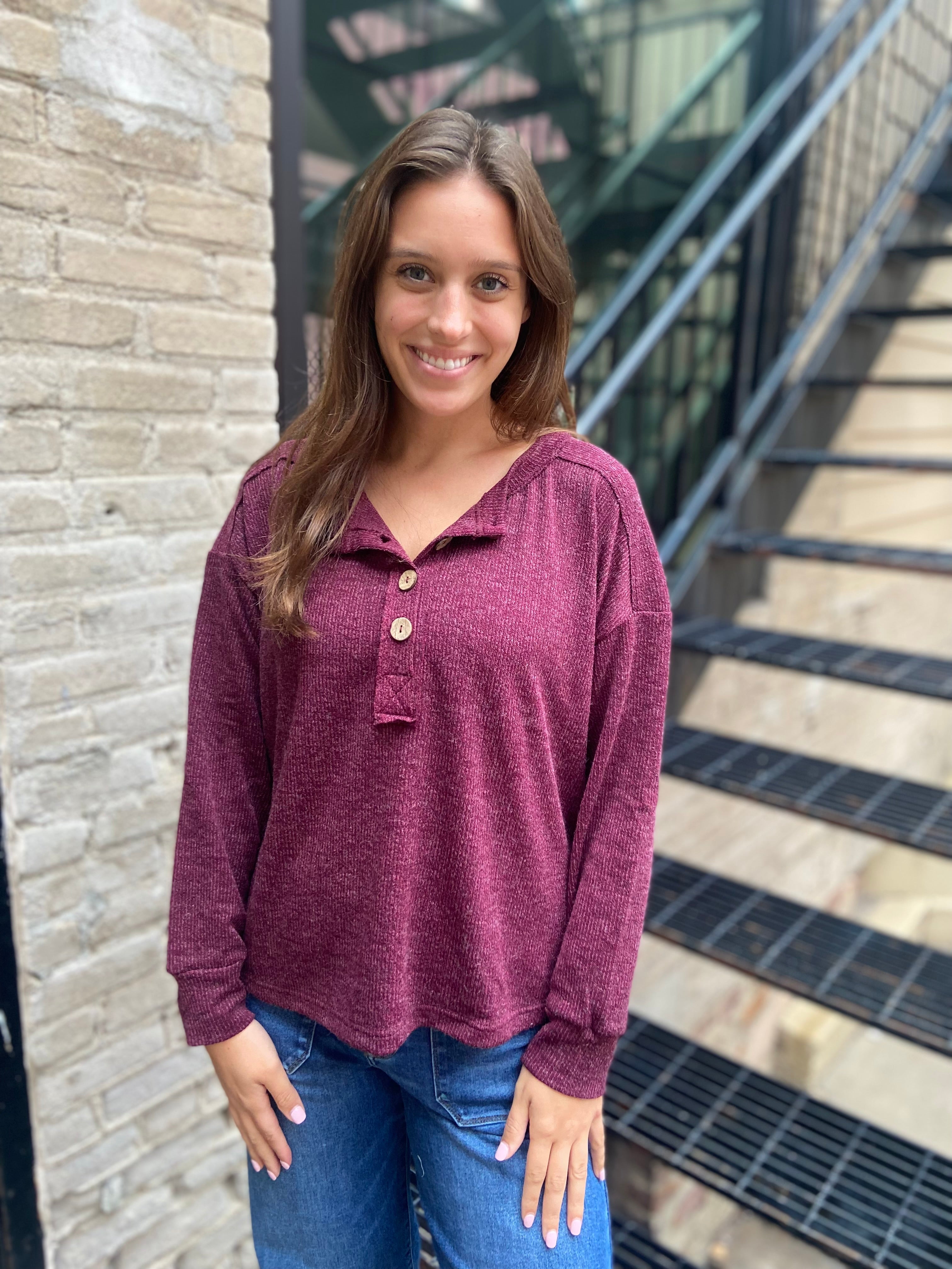 Kit Burgundy Ribbed Henley Long Sleeve Top