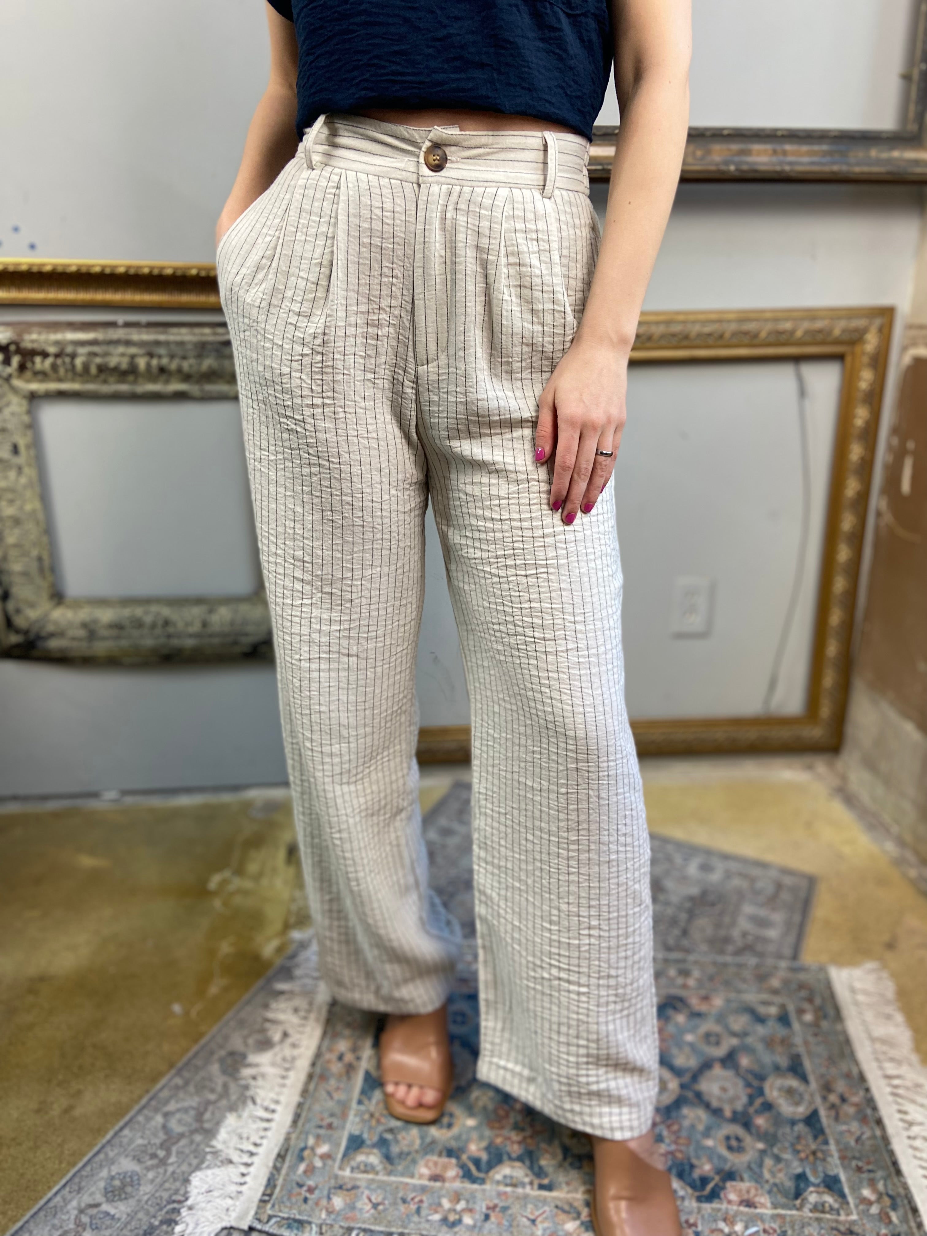 Ava Taupe & Black Stripe Linen Pants - MK Threads Boutique