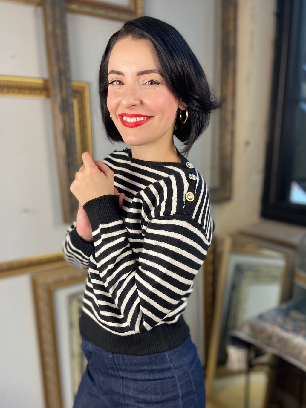 Alix Black & Cream Button Shoulder Striped Long Sleeve