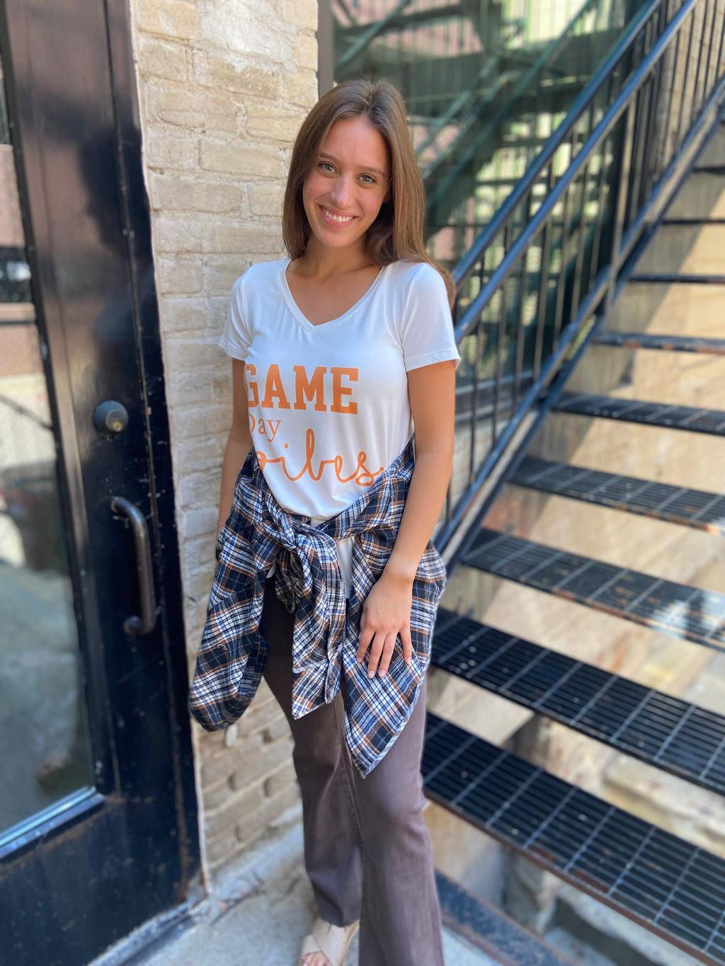 Game Day White And Orange V-Neck Graphic Top