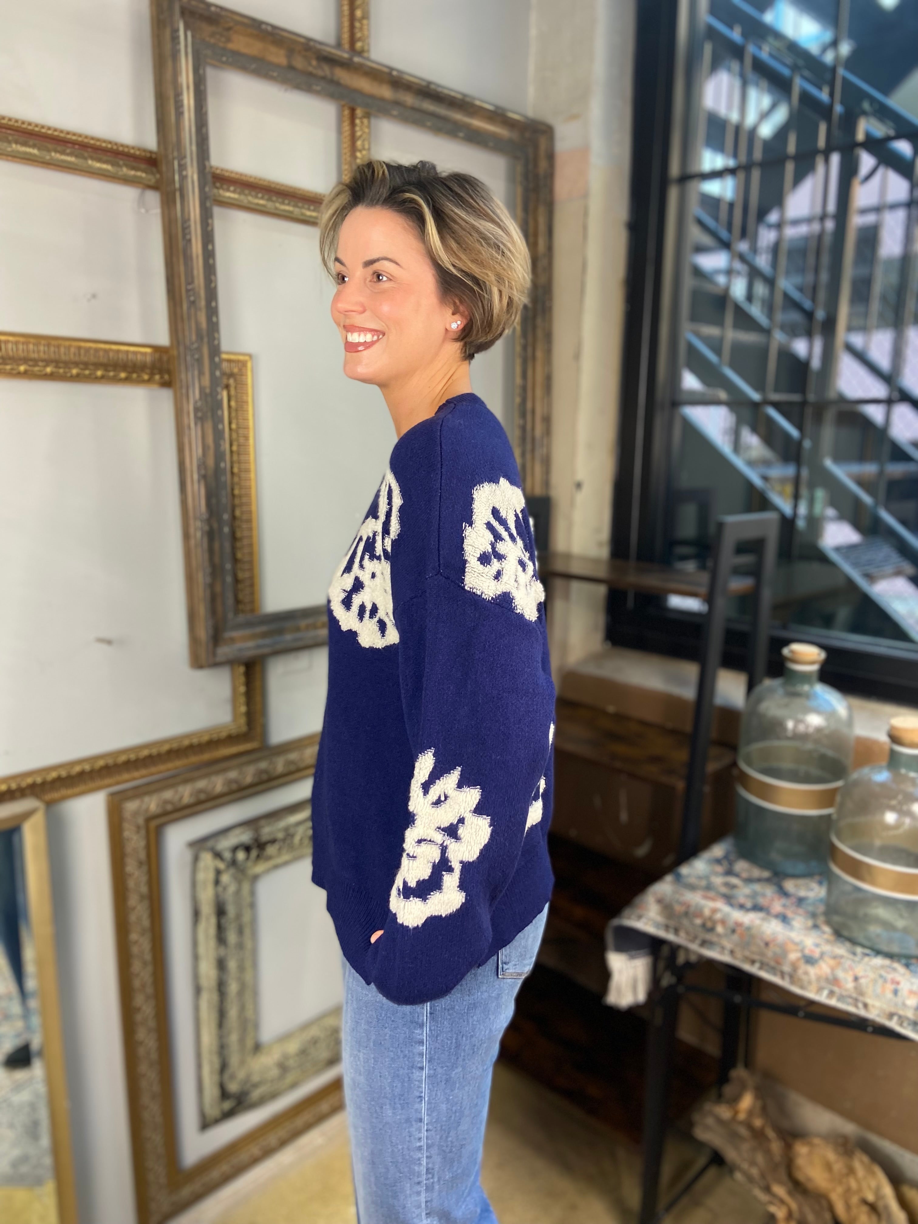 Angel Navy Blue Floral Knit Sweater