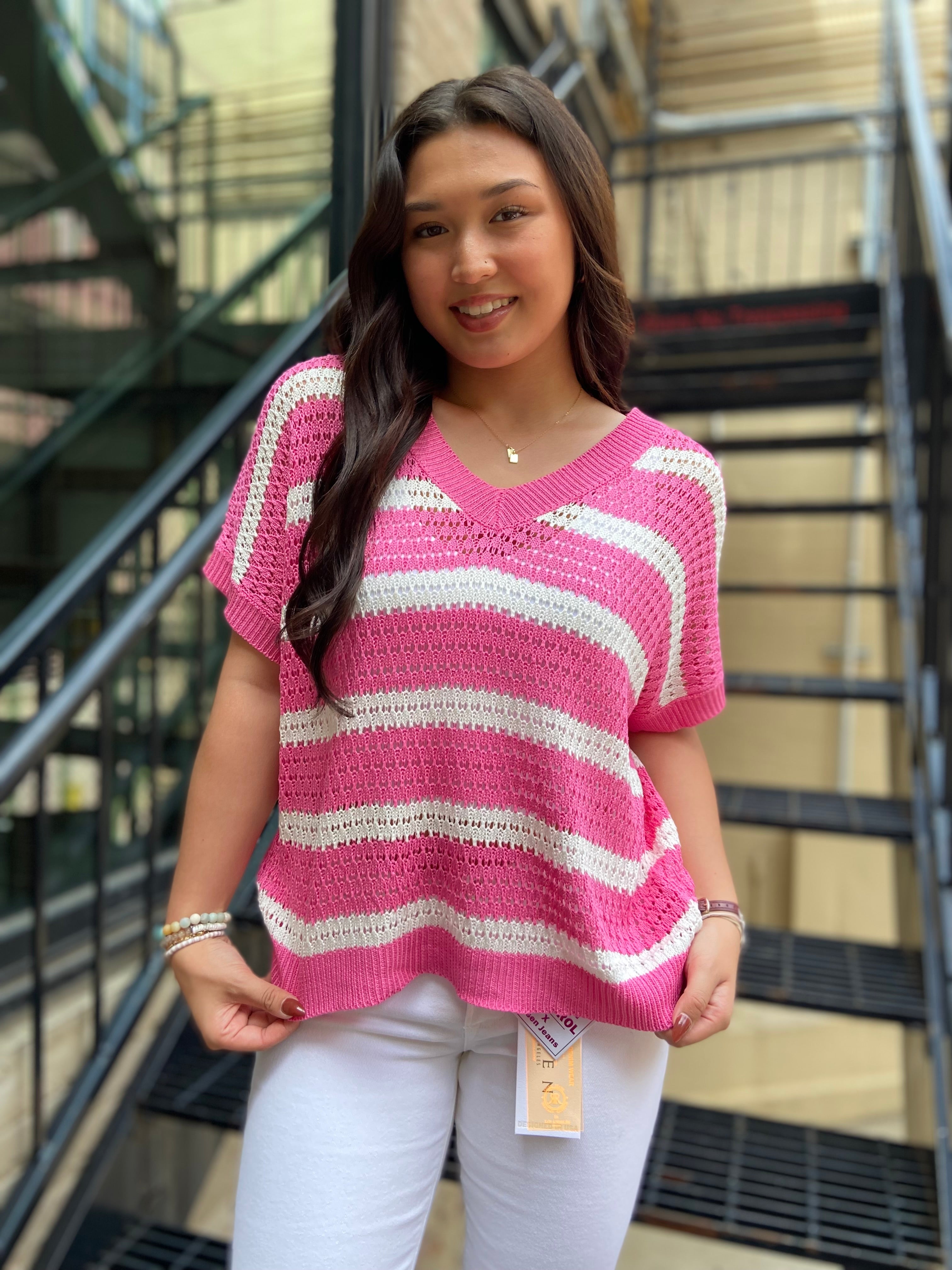 Jovi Pink & White Stripe Sweater Vest - MK Threads Boutique