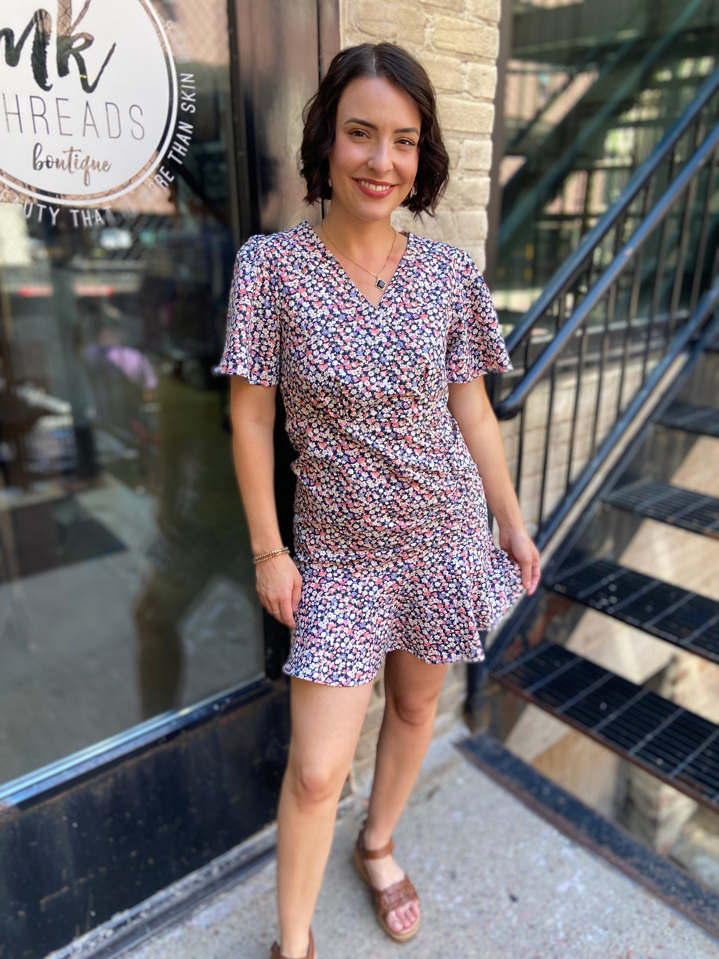 Luci Black Floral V-Neck Cap Sleeve Mini Dress