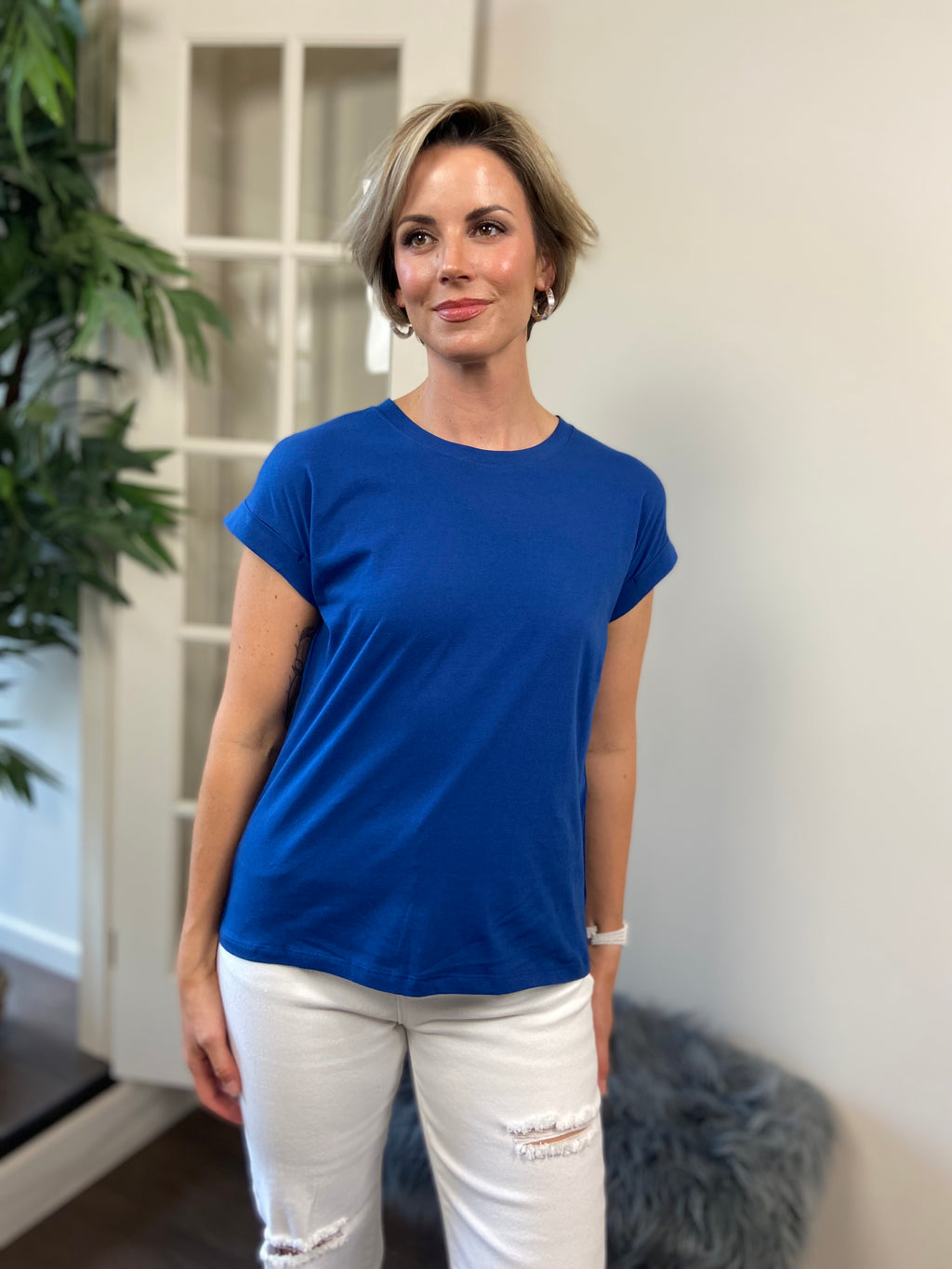 Mara Navy Blue Cuff Sleeve Shirt - MK Threads Boutique