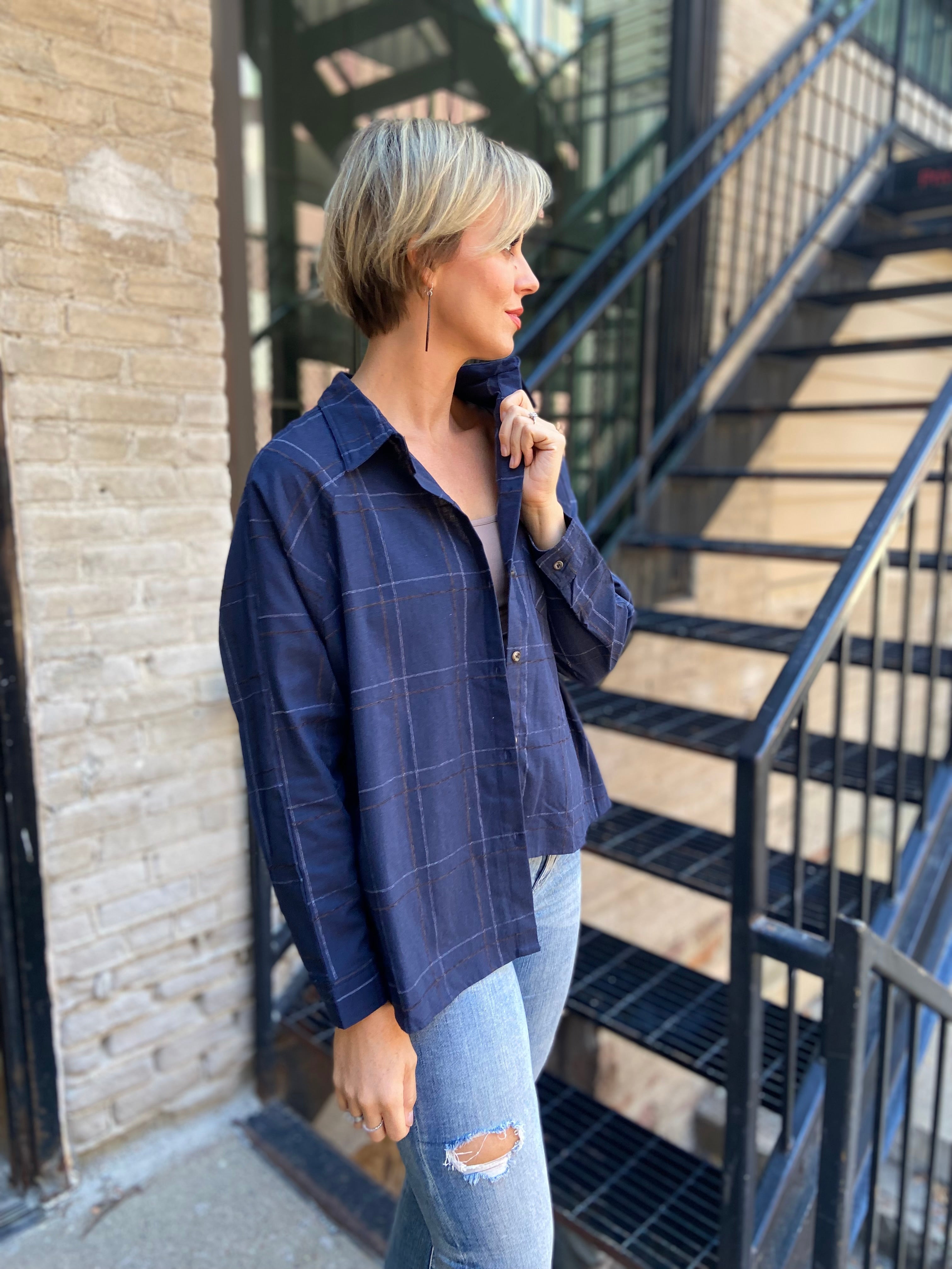 Aria Navy Pattern Button Up Top