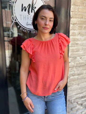 Tova Coral Ruffle Sleeve Bow Detail Top