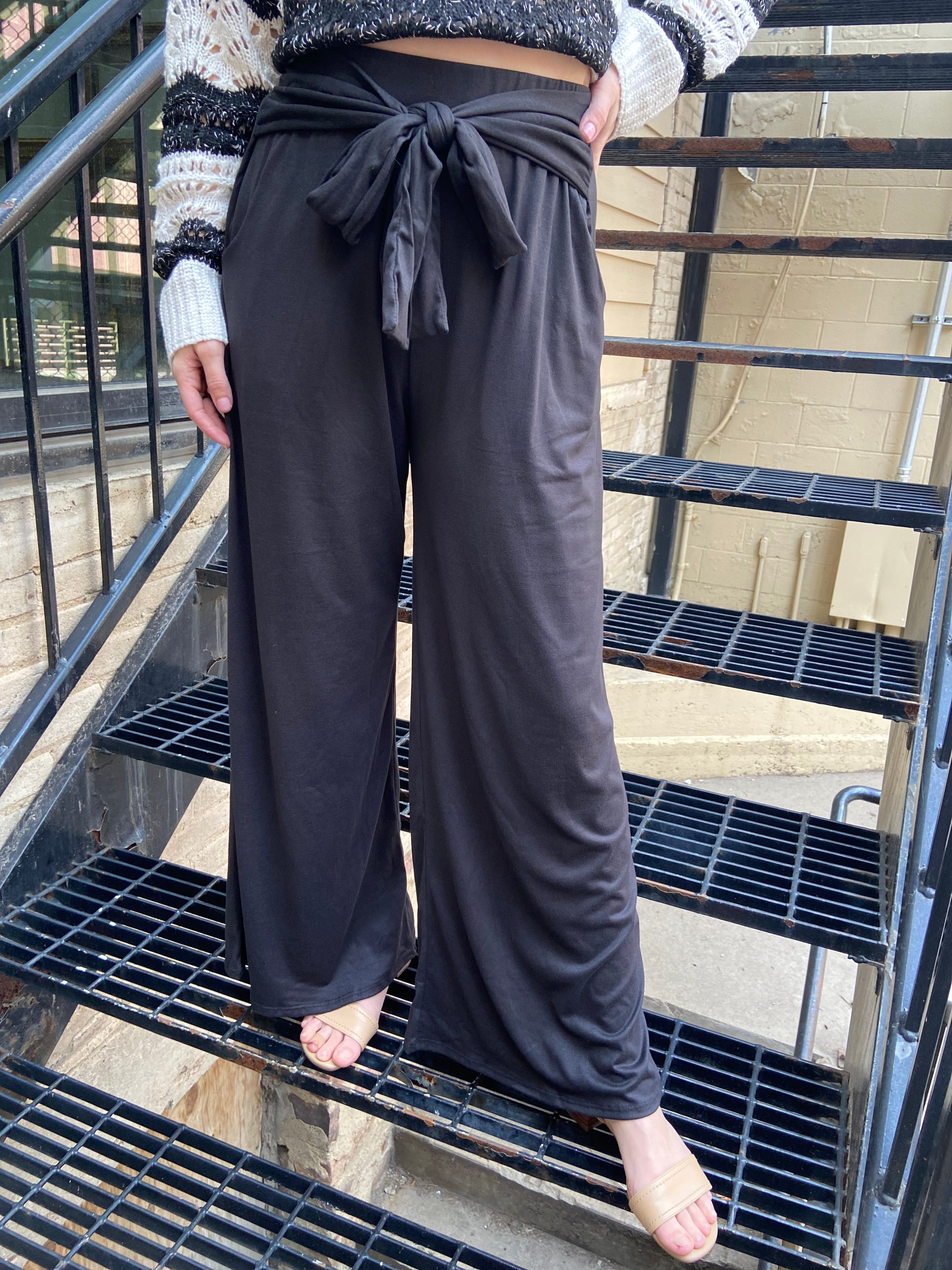 Barry Black Front Tie Knit Palazzo Pants