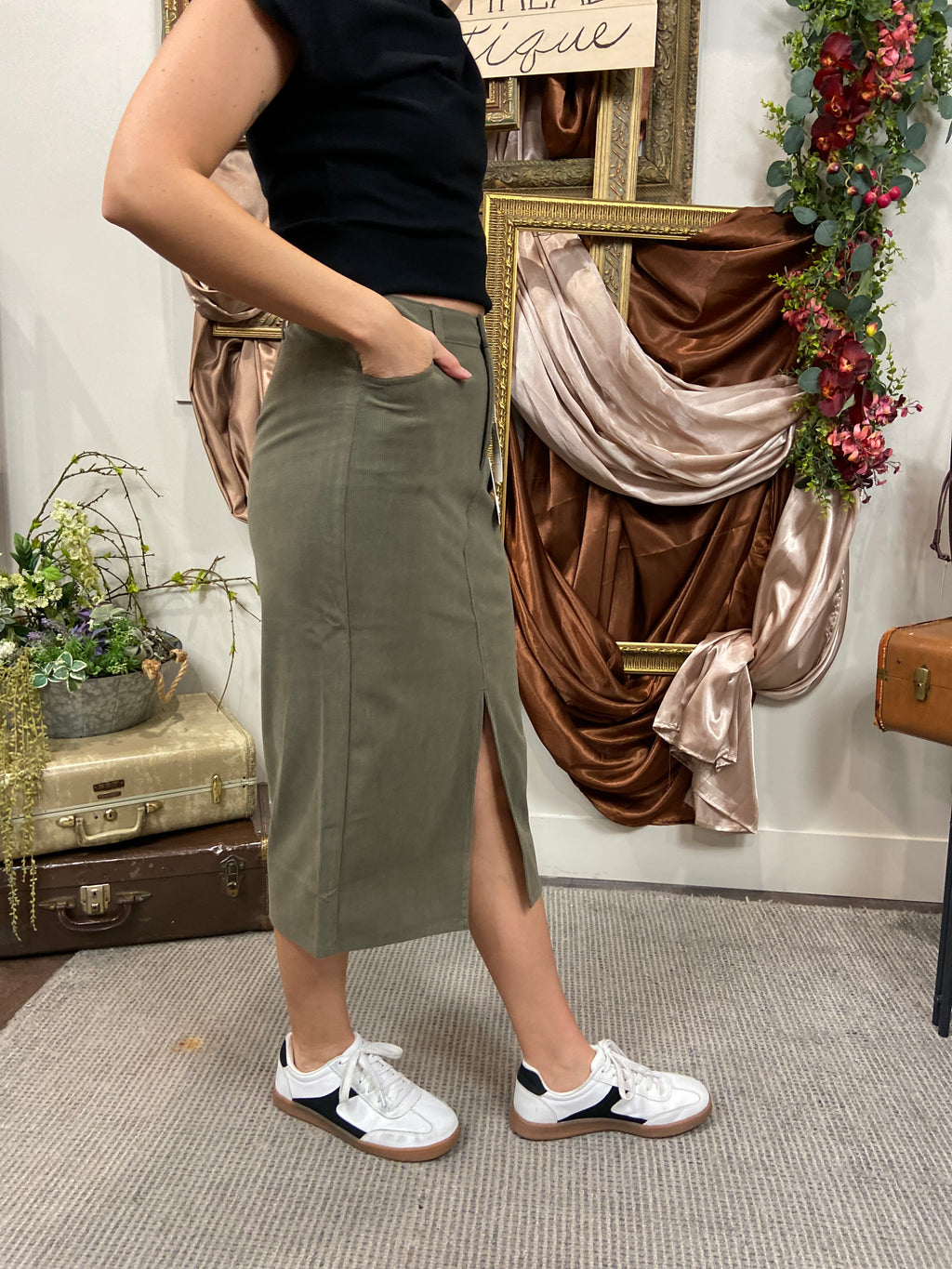 Scarlett Olive Slit Corduroy Midi Skirt