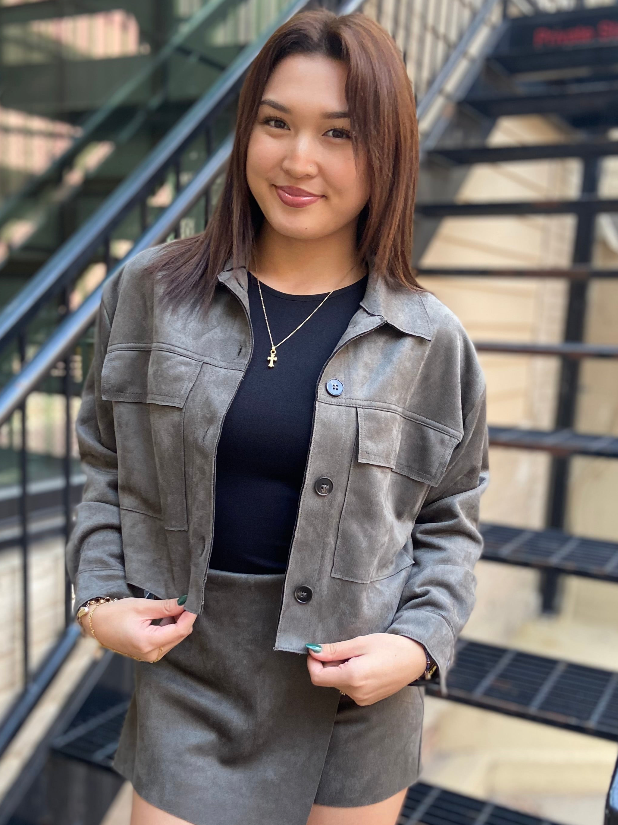 Ember Olive Grey Suede Cropped Jacket