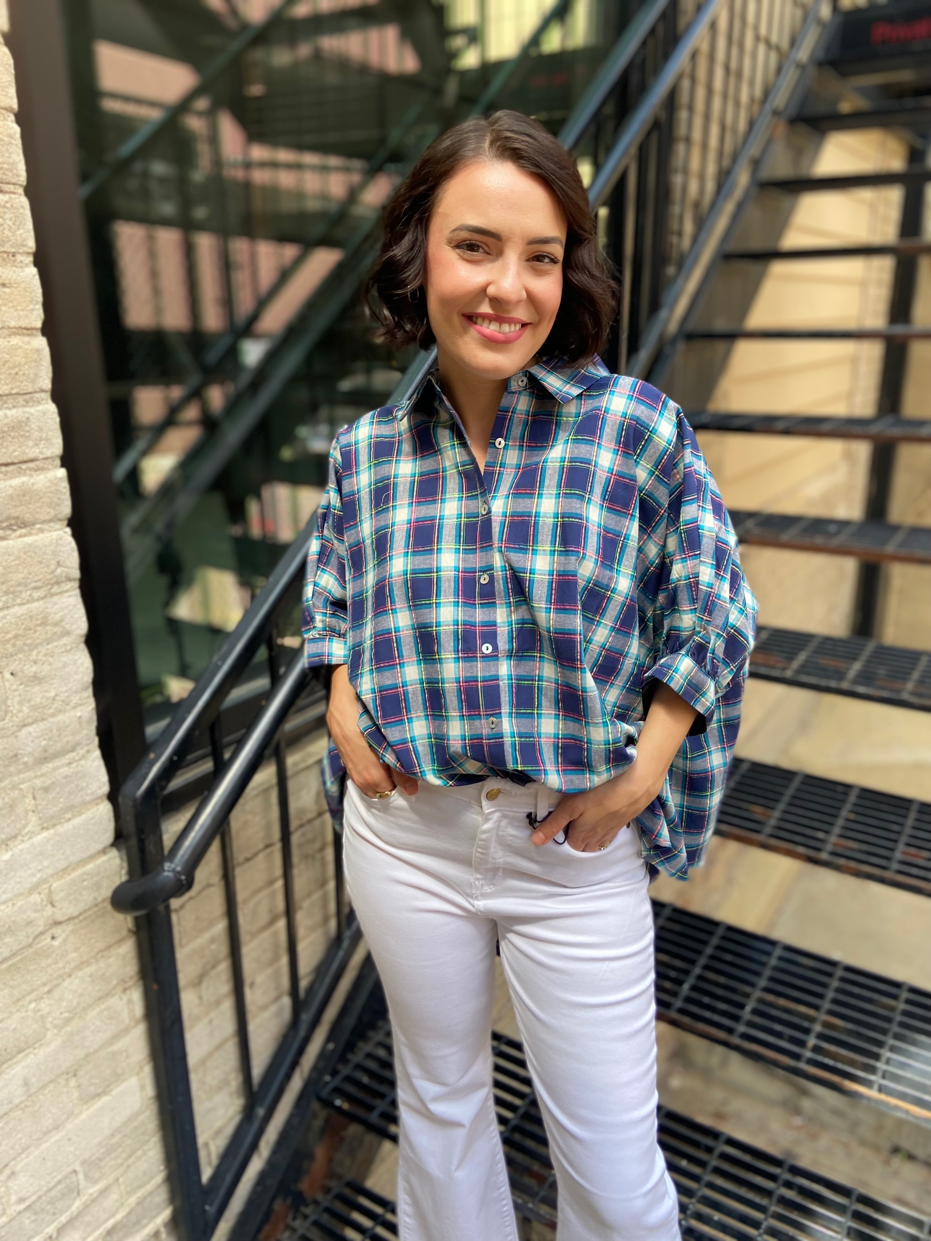 Nance Royal Blue Plaid Drop Shoulder Button Up