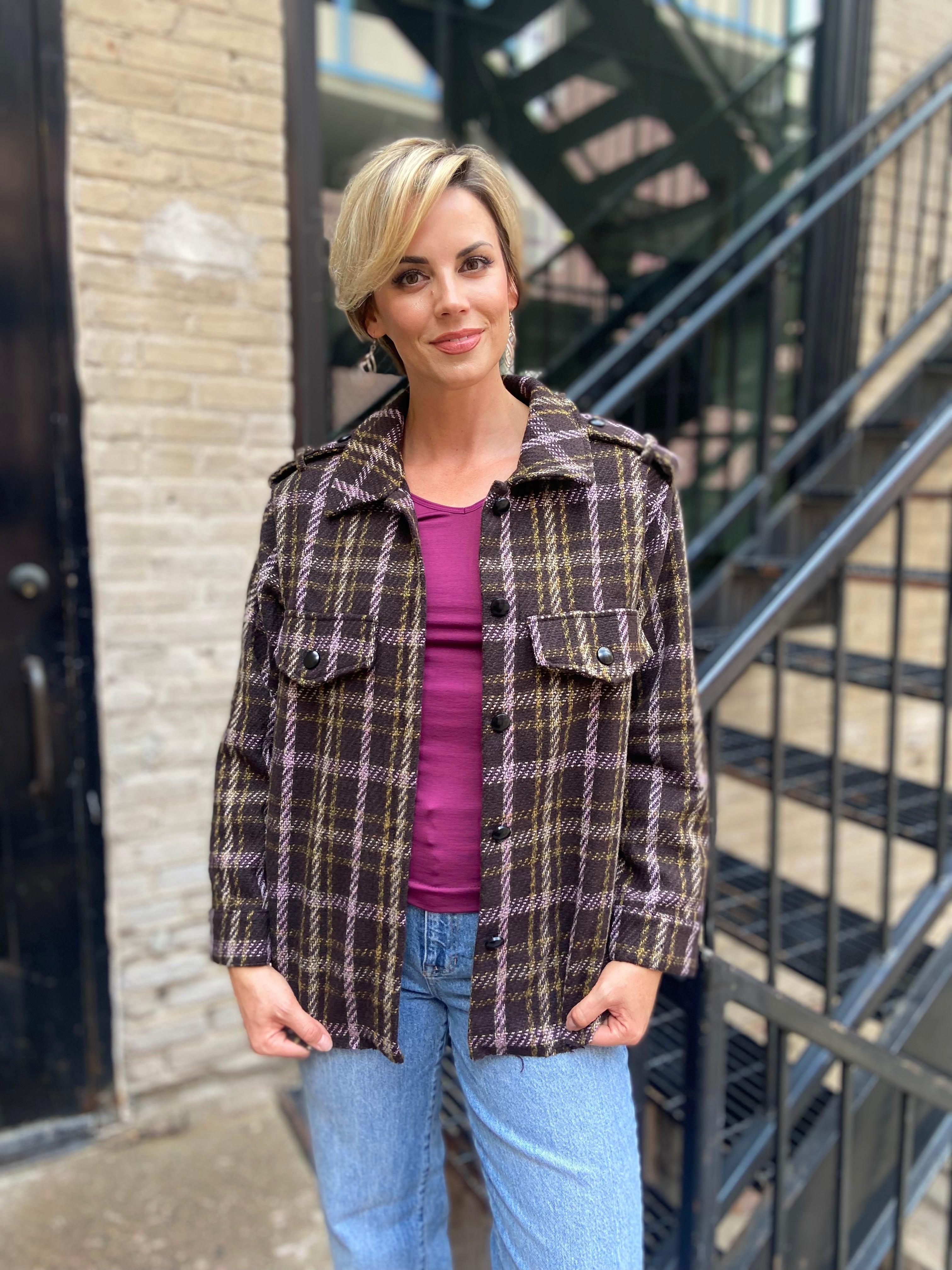 Lydia Brown Plaid Button Down Shacket