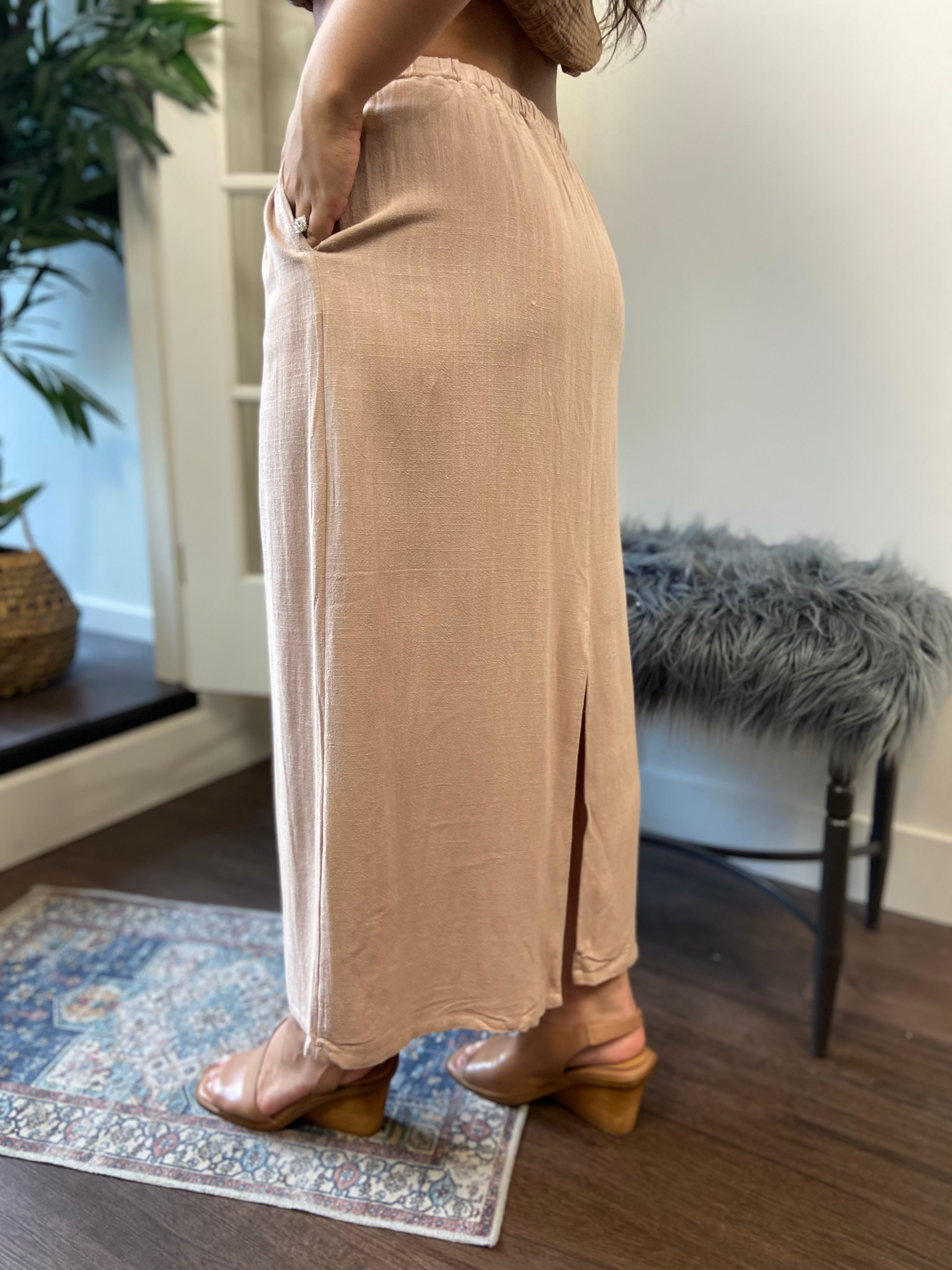 Source Beige Tie Waist Linen Midi Skirt - MK Threads Boutique