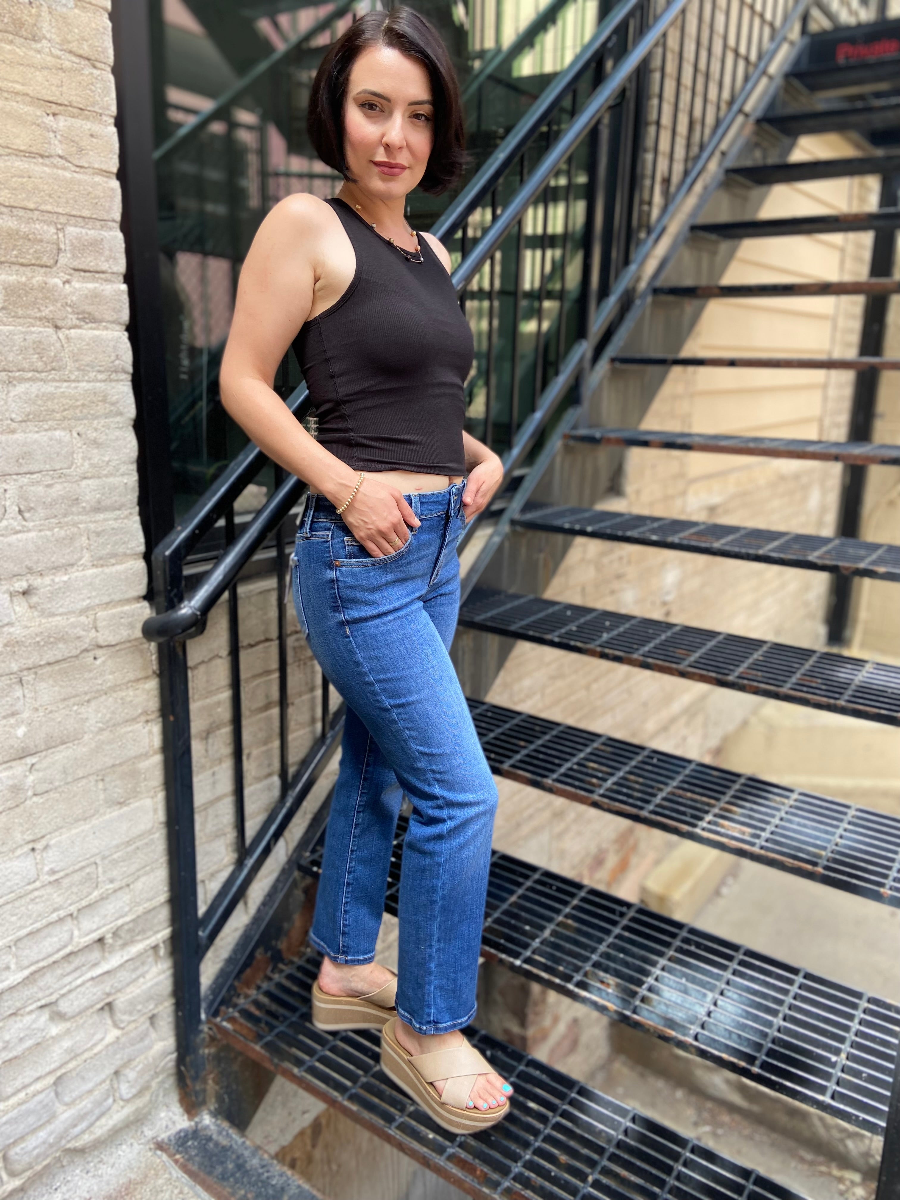 Loralee Mid Rise Dark Wash Straight Sneak Peek Jeans