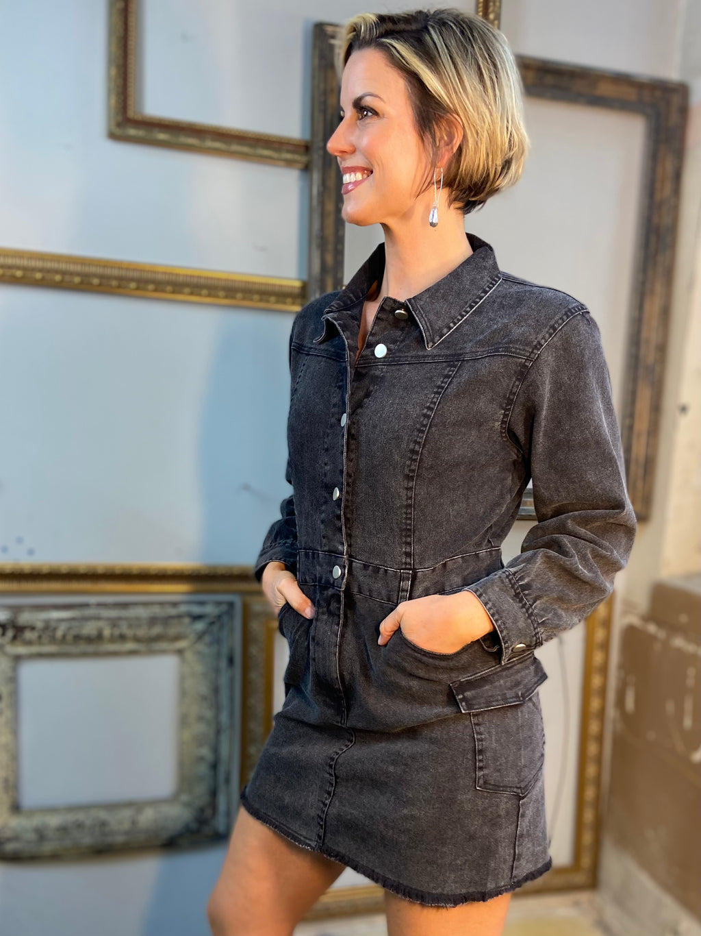 Charlotte Black Long Sleeve Denim Mini Dress - MK Threads Boutique