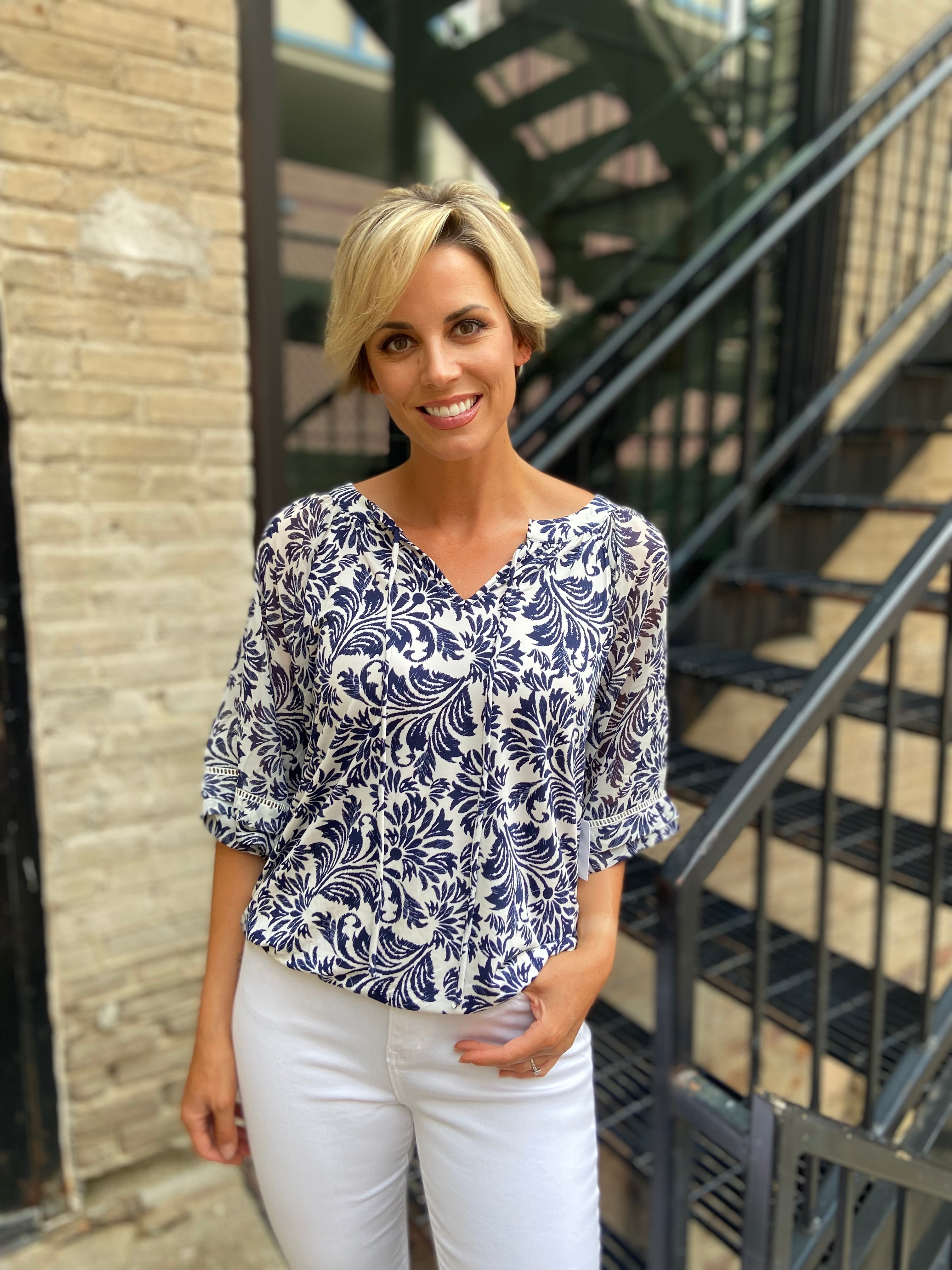 Allison Cream and Navy Floral Quarter Sleeve Blouse