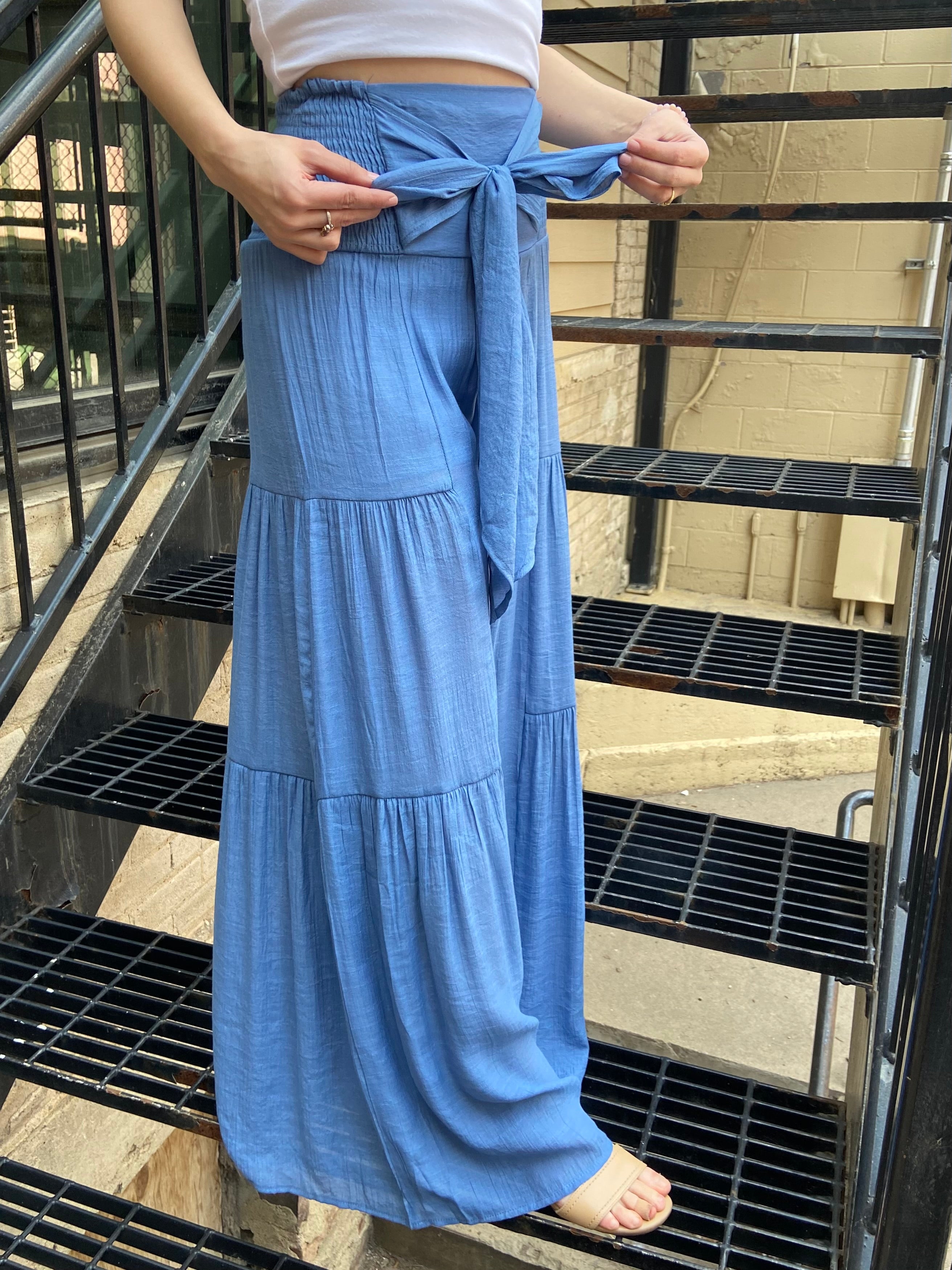Kathy Blue Wide Leg Tiered Pants