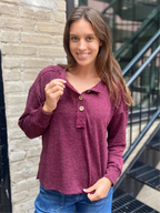 Kit Burgundy Ribbed Henley Long Sleeve Top