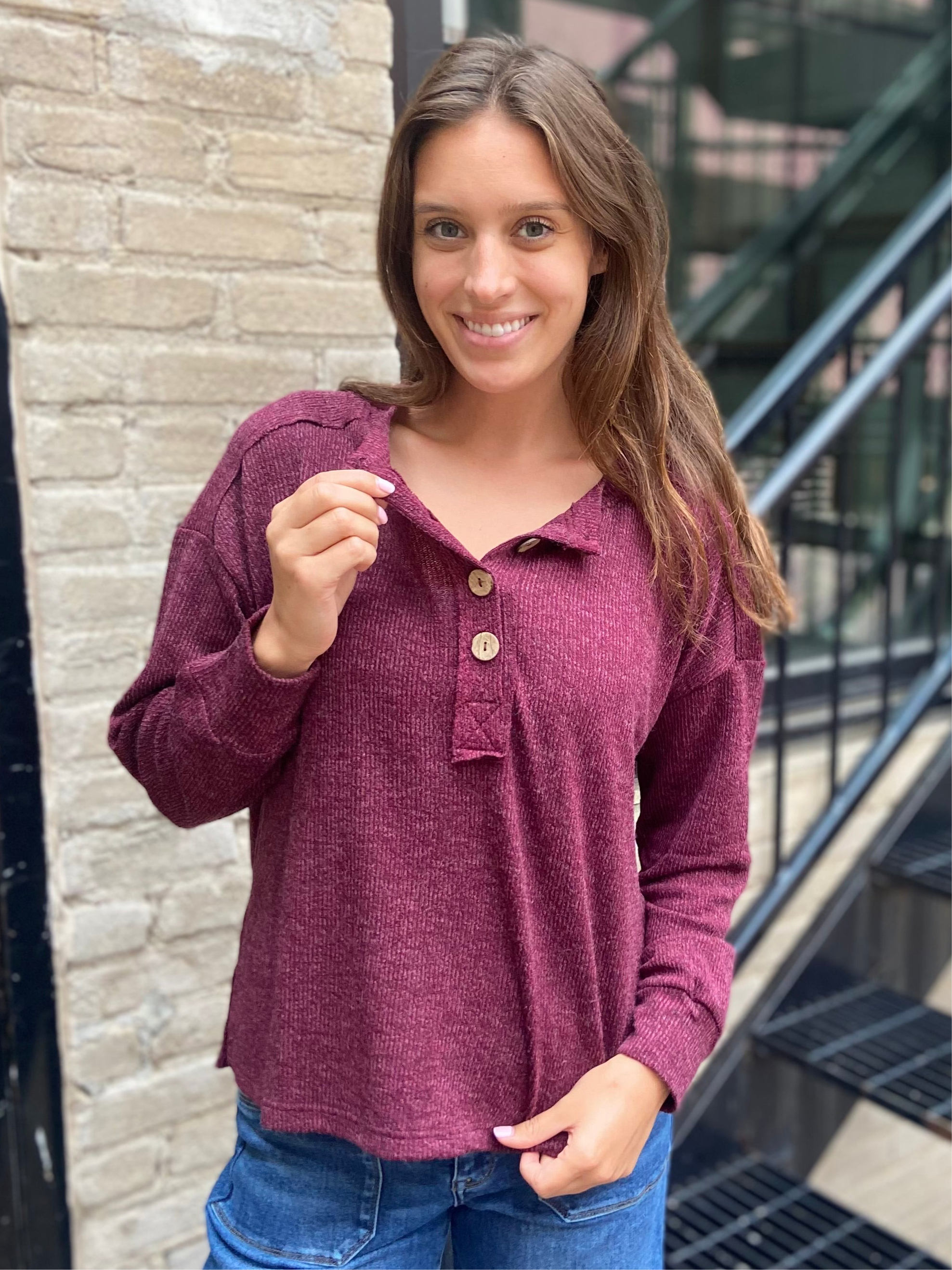 Kit Burgundy Ribbed Henley Long Sleeve Top