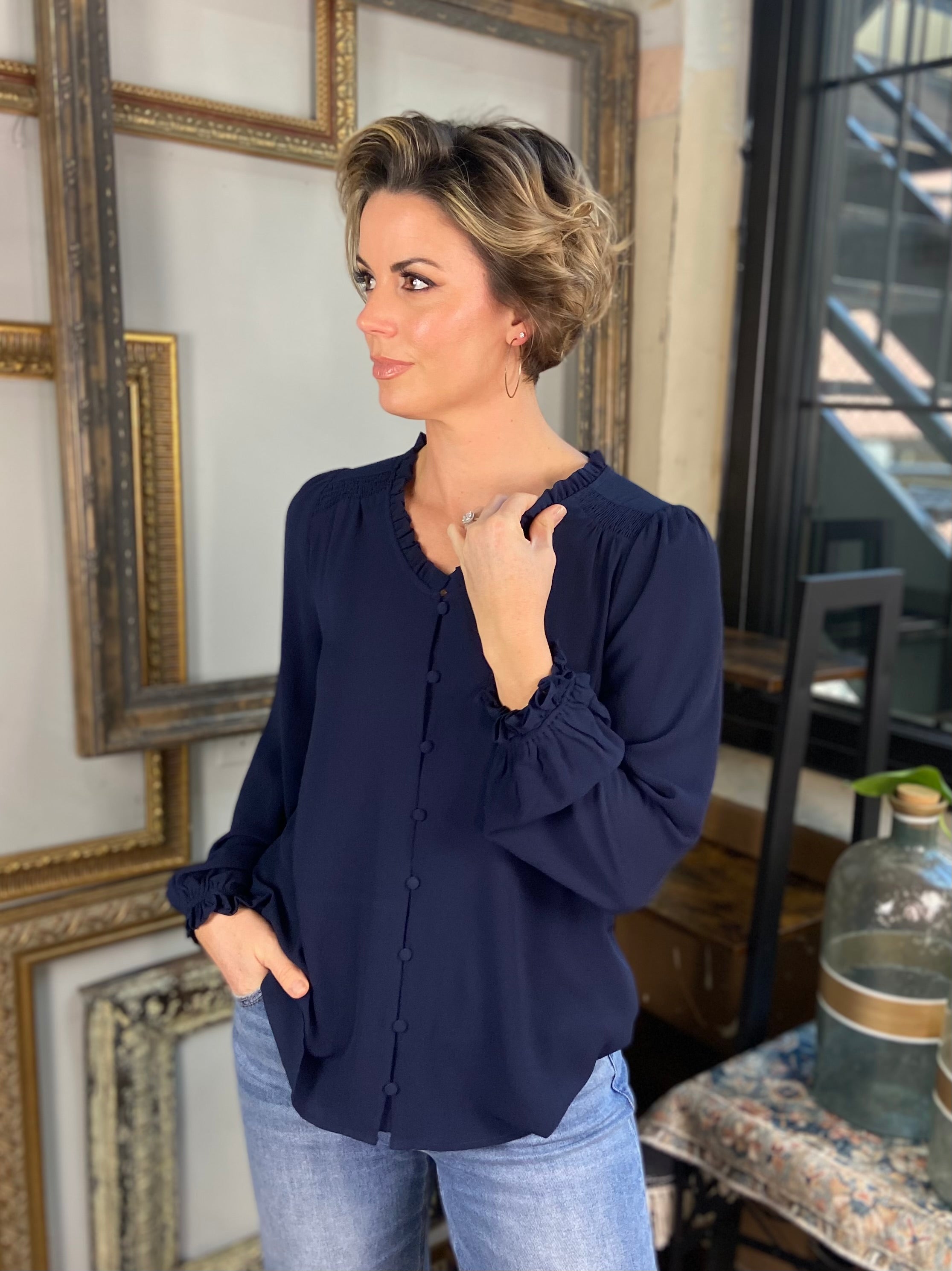 Nora Navy Blue Ruffle Long Sleeve Button Top