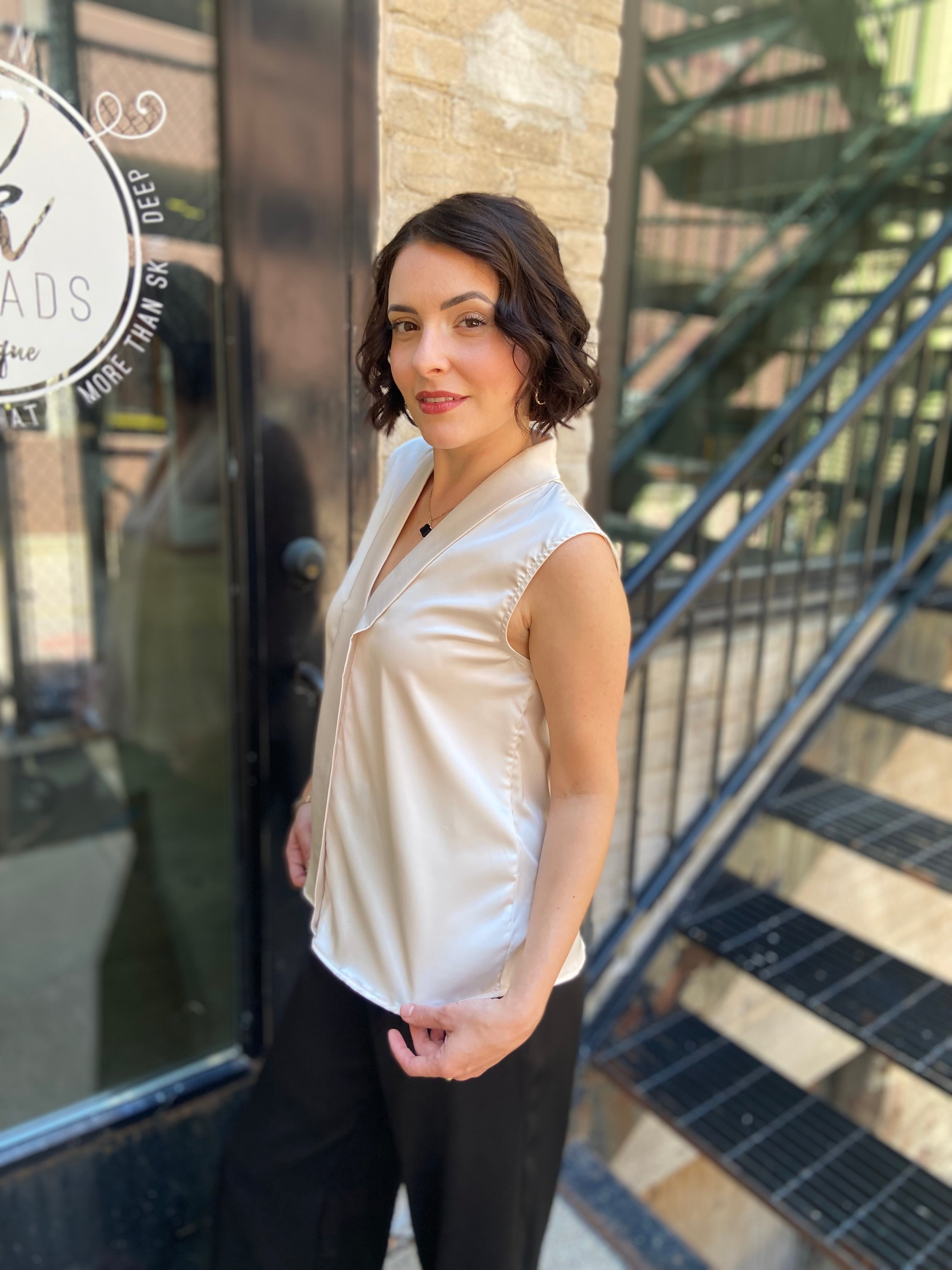Abbey Champagne Satin Collard Sleeveless Blouse