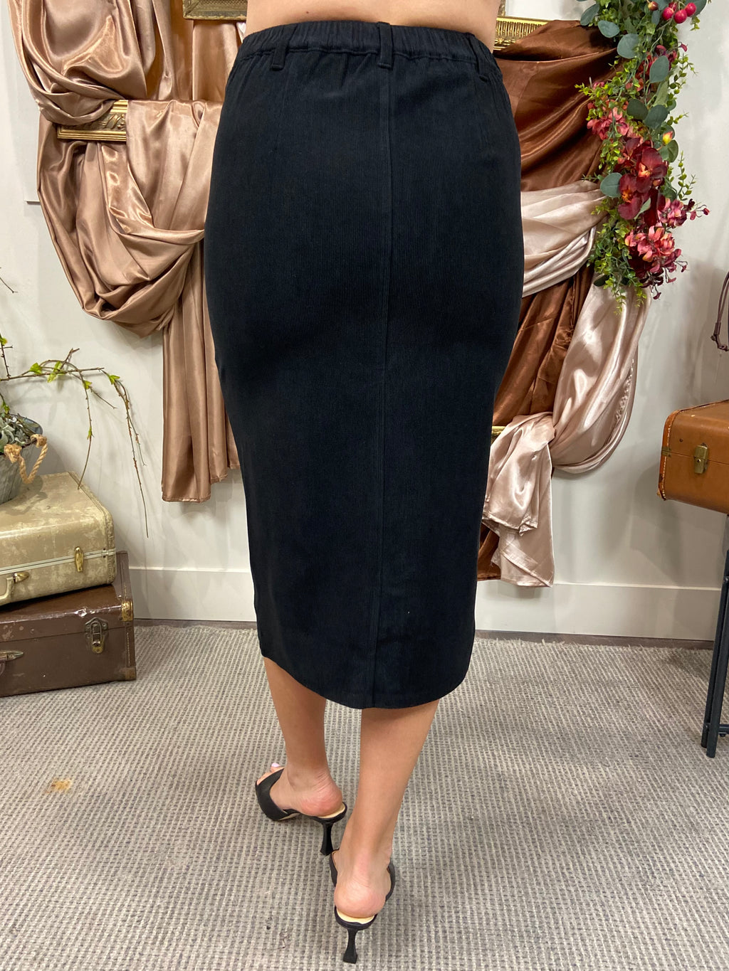 Scarlett Black Slit Corduroy Midi Skirt