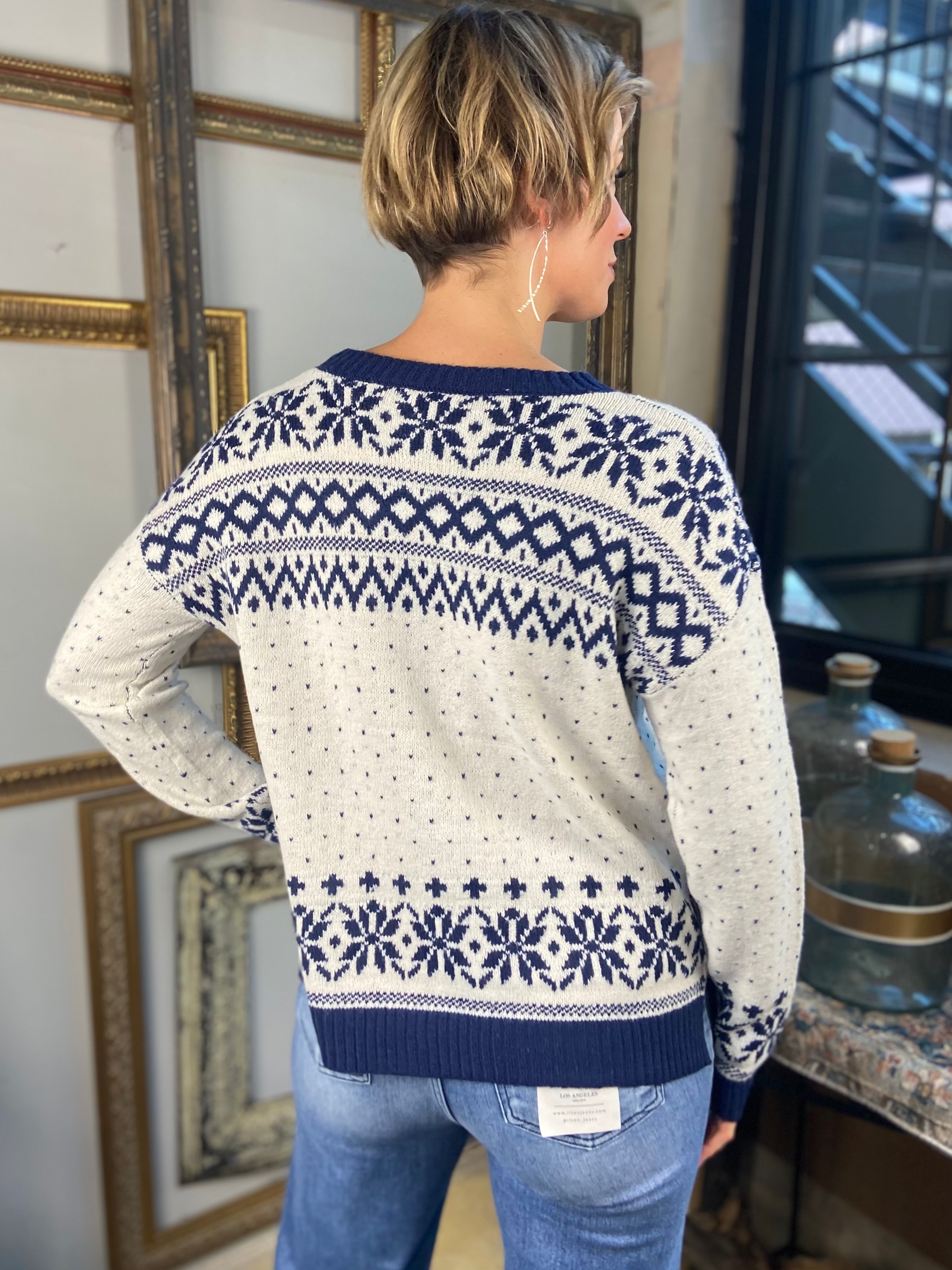 Ellisa Ivory & Navy Pattern Knit Sweater