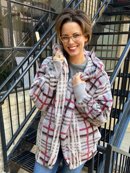 Serena Grey Plaid Sherpa Cardigan