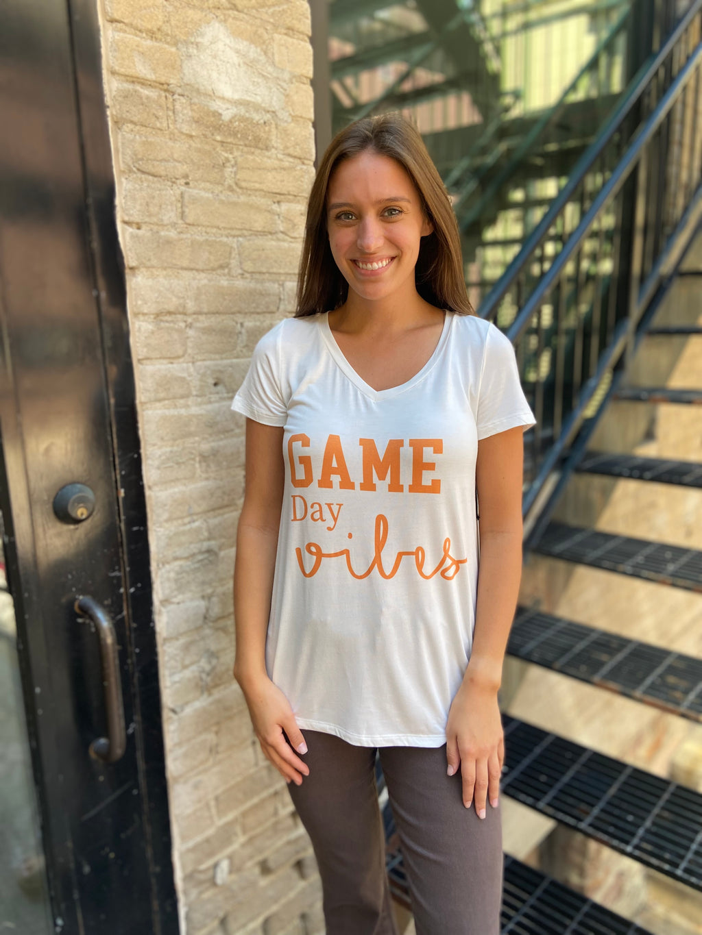 Game Day White And Orange V-Neck Graphic Top