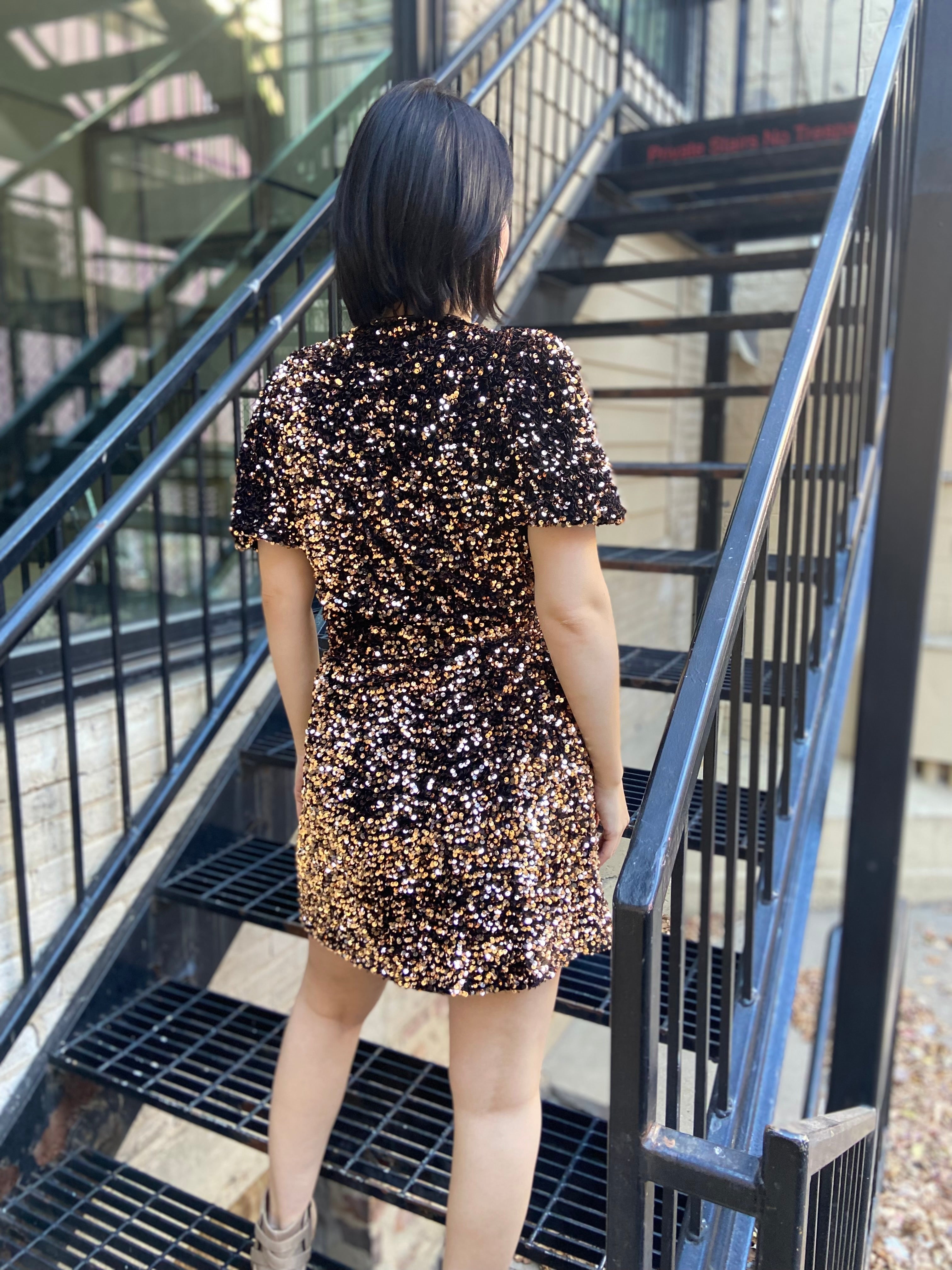 Peyton Black & Gold Sequin Wrap Mini Dress
