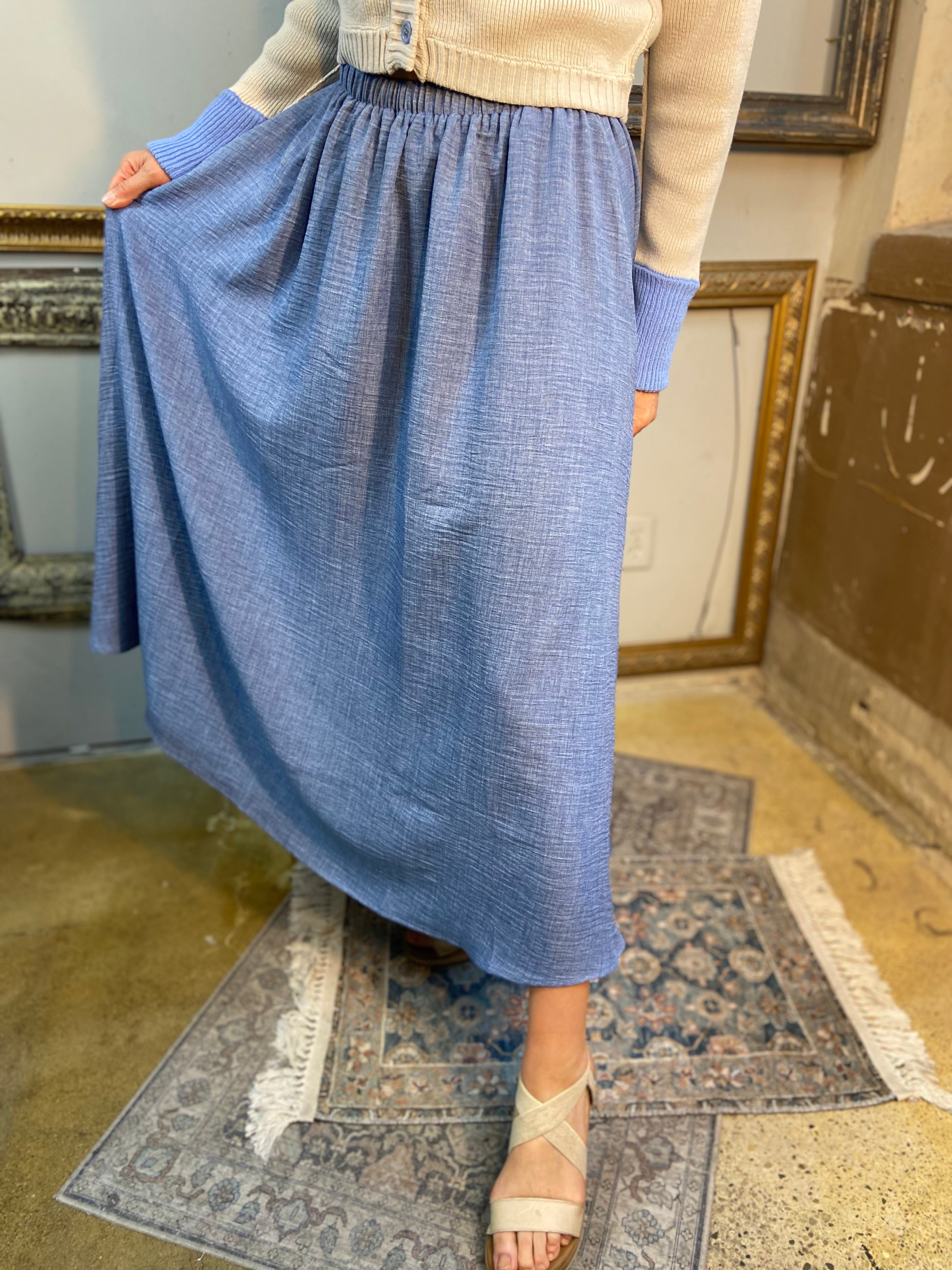 Sall Denim Blue High Waisted Elastic Midi Skirt - MK Threads Boutique