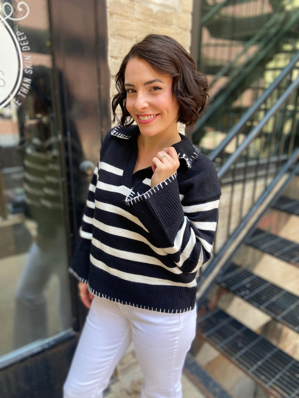 Perry Black Striped Stitching Detail Sweater