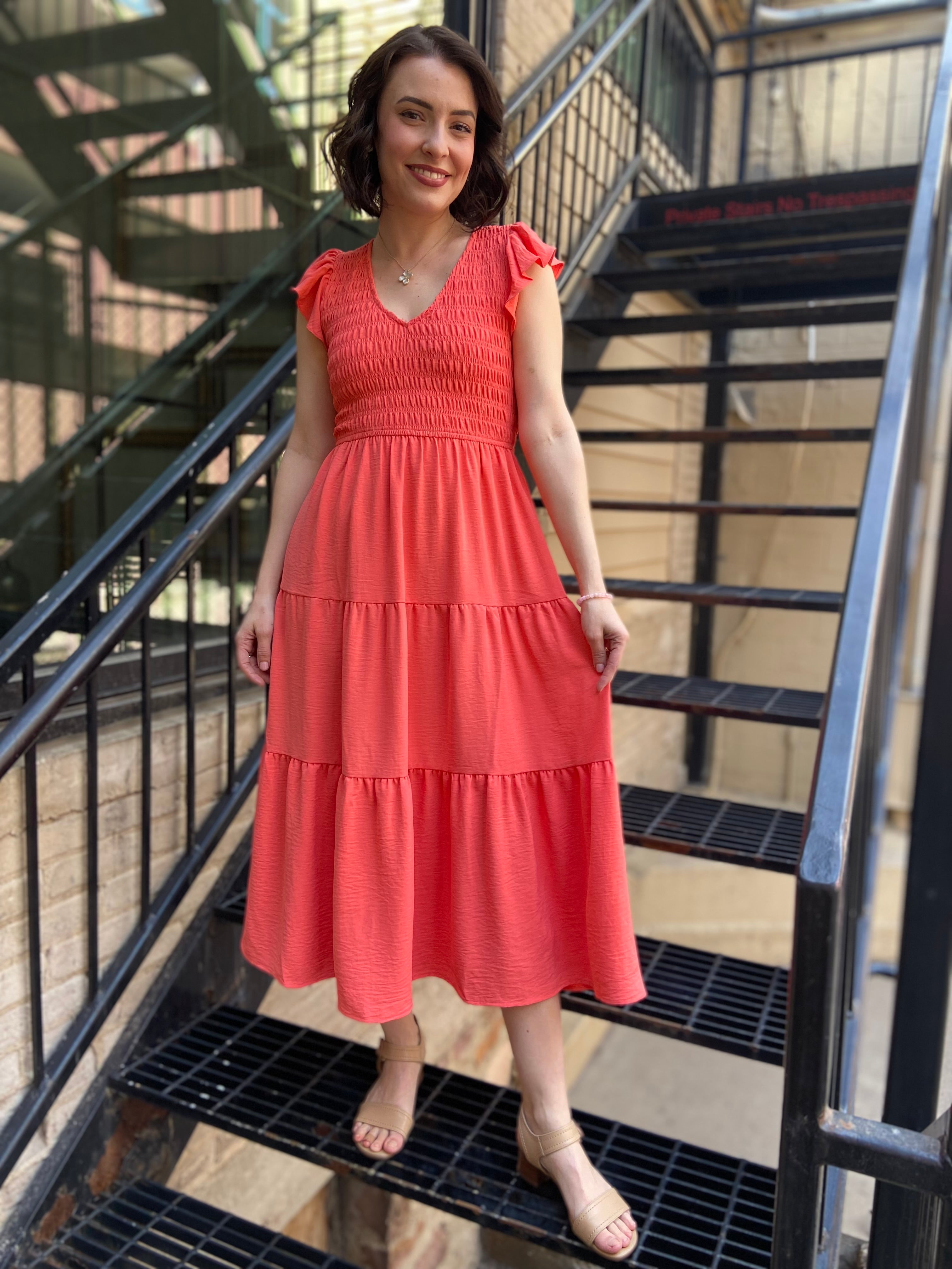 Arianna Coral Flutter Sleeve Maxi Dress