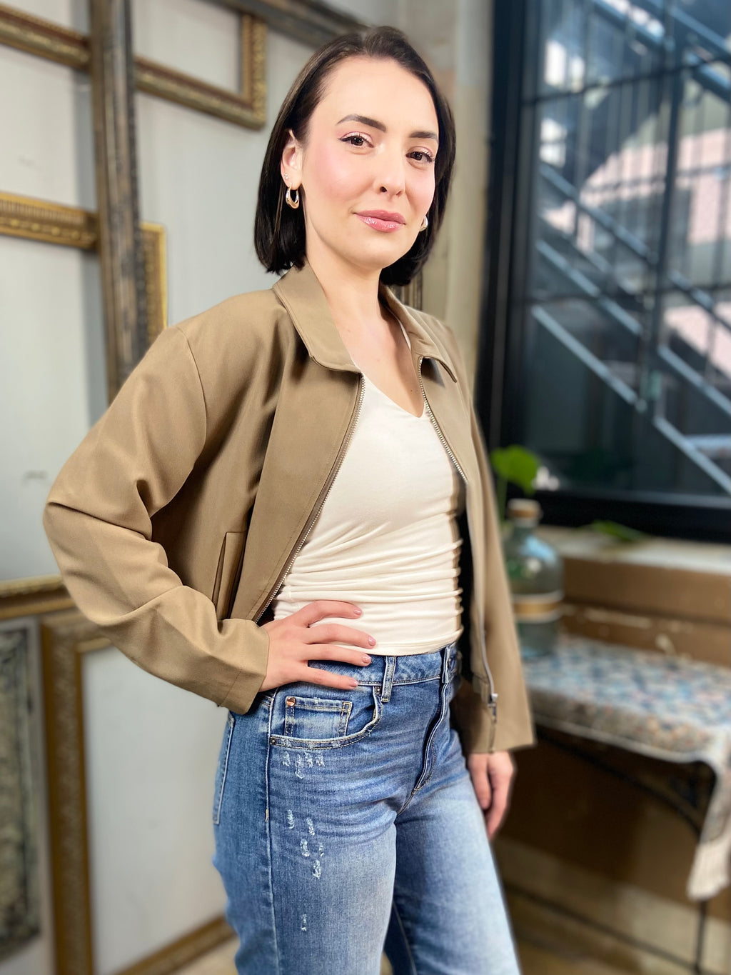 Cole Mocha Cropped Zip Up Jacket