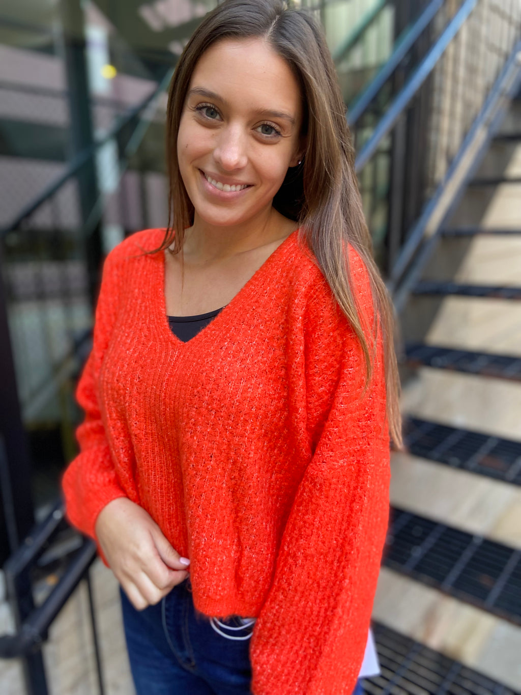 Orange V Neck Long sleeve sweater