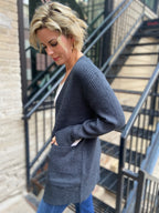 side view charcoal cardigan sweater