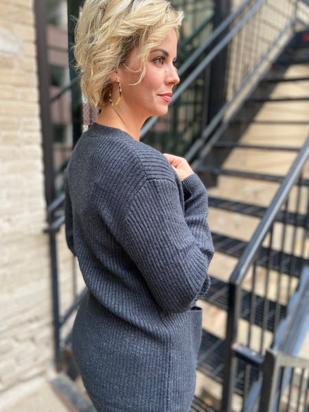 Back View of charcoal colored cardigan sweater