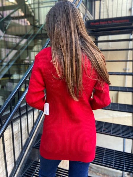 Back View of red cardigan sweater