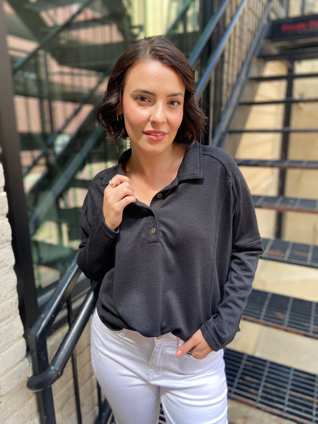 Corey Black Henley Knit Sweater Top