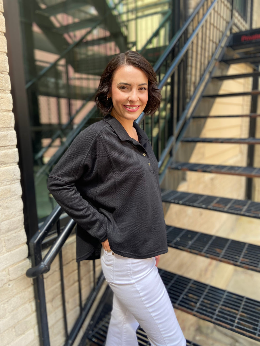 Corey Black Henley Knit Sweater Top
