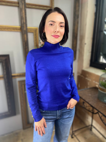 Royal Blue Mock Neck Sweater with Gold button details